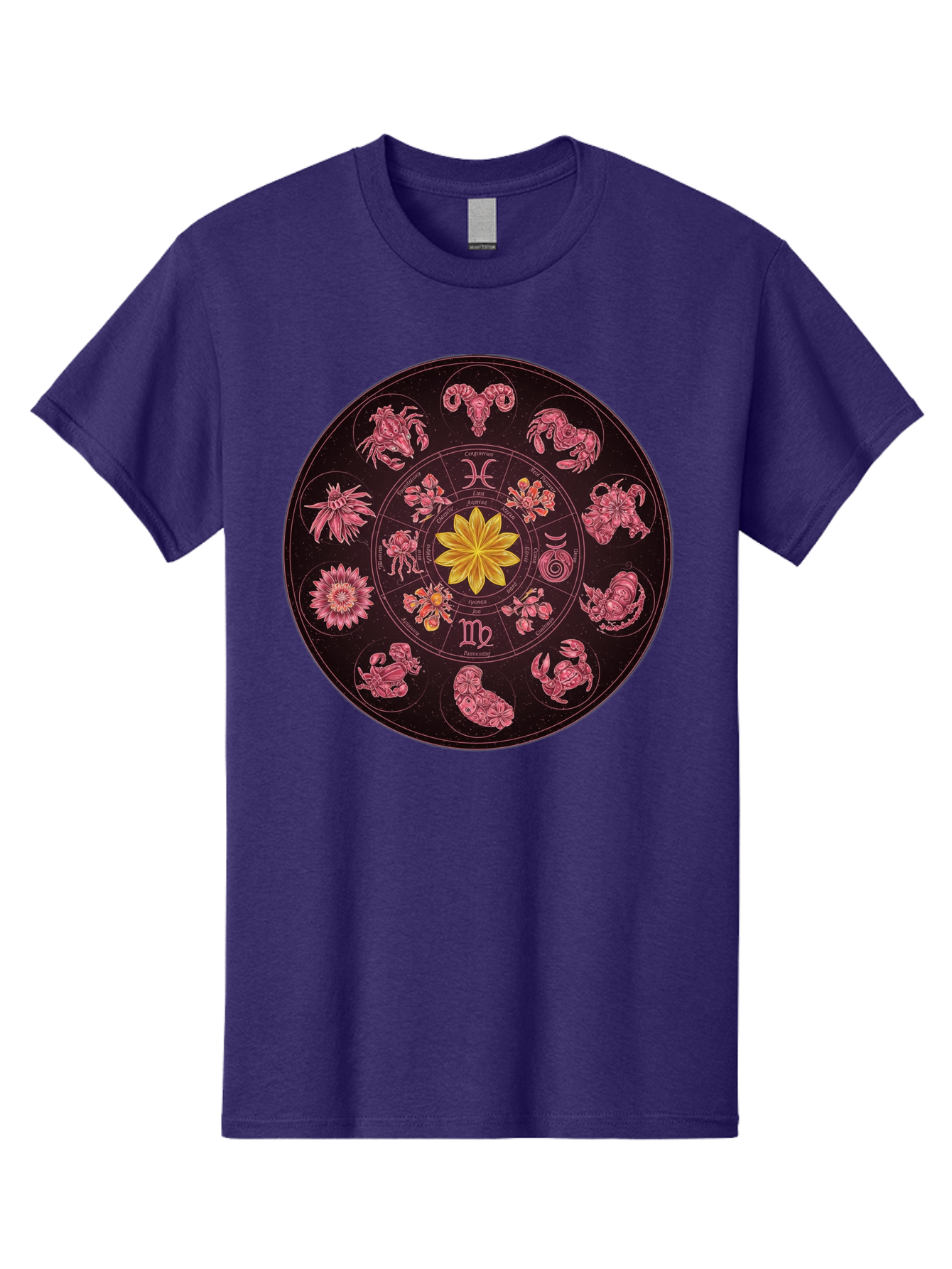 Zodiac-Circle Men'S Graphic Tee, 100% Cotton, Comfortable Casual Summer Wear, Machine Washable, Zodiac Wheel, Astrological Symbols, Floral Centerpiece, Mystical Design, Cancer, Capricorn, Virgo, Pink Illustrations, Yellow Flower, Esoteric Art, Bae337 8