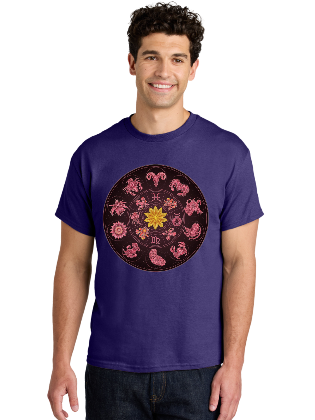 Zodiac-Circle Men'S Graphic Tee, 100% Cotton, Comfortable Casual Summer Wear, Machine Washable, Zodiac Wheel, Astrological Symbols, Floral Centerpiece, Mystical Design, Cancer, Capricorn, Virgo, Pink Illustrations, Yellow Flower, Esoteric Art, Bae337 23