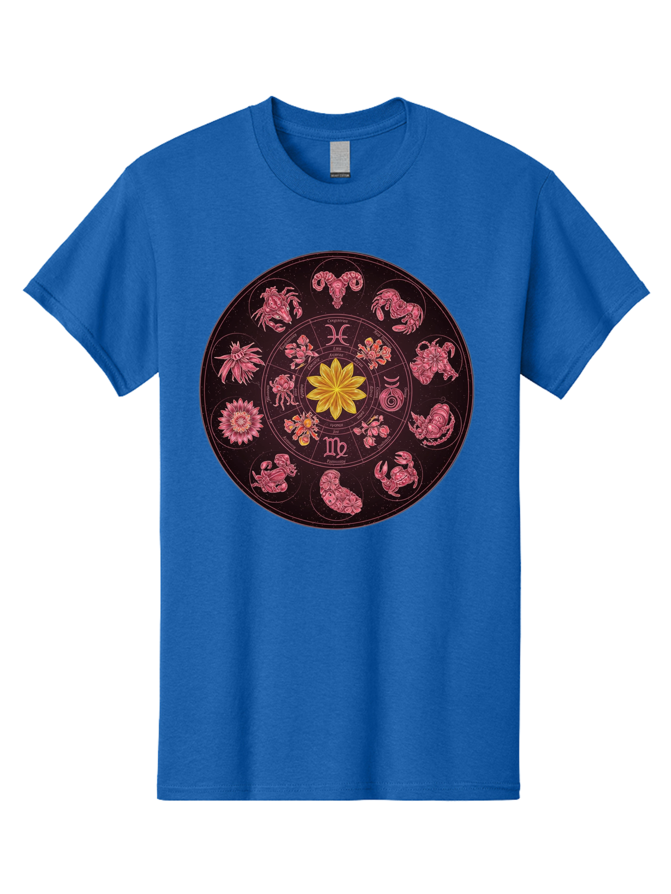 Zodiac-Circle Men'S Graphic Tee, 100% Cotton, Comfortable Casual Summer Wear, Machine Washable, Zodiac Wheel, Astrological Symbols, Floral Centerpiece, Mystical Design, Cancer, Capricorn, Virgo, Pink Illustrations, Yellow Flower, Esoteric Art, Bae337 5