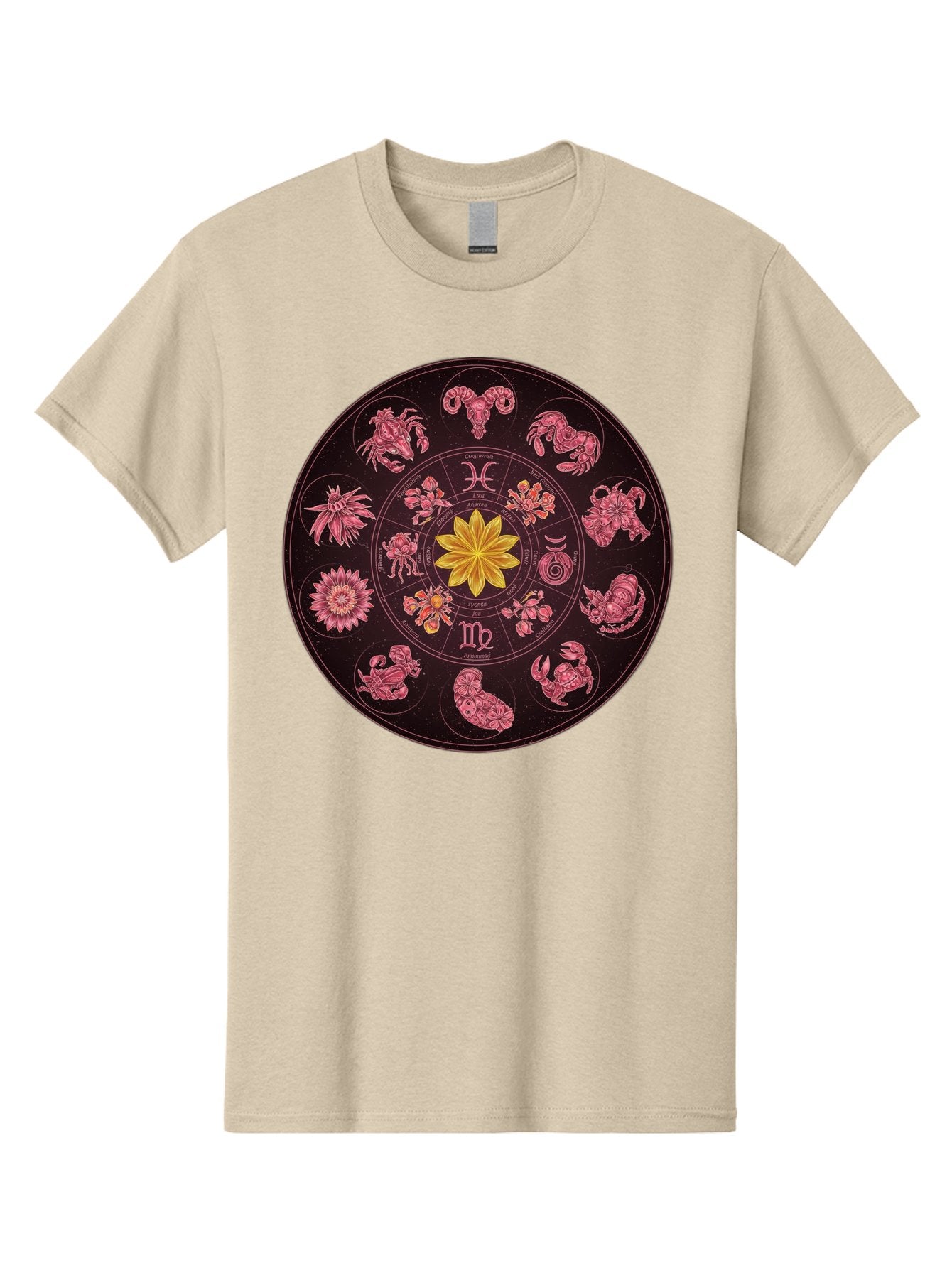 Zodiac-Circle Men'S Graphic Tee, 100% Cotton, Comfortable Casual Summer Wear, Machine Washable, Zodiac Wheel, Astrological Symbols, Floral Centerpiece, Mystical Design, Cancer, Capricorn, Virgo, Pink Illustrations, Yellow Flower, Esoteric Art, Bae337 3