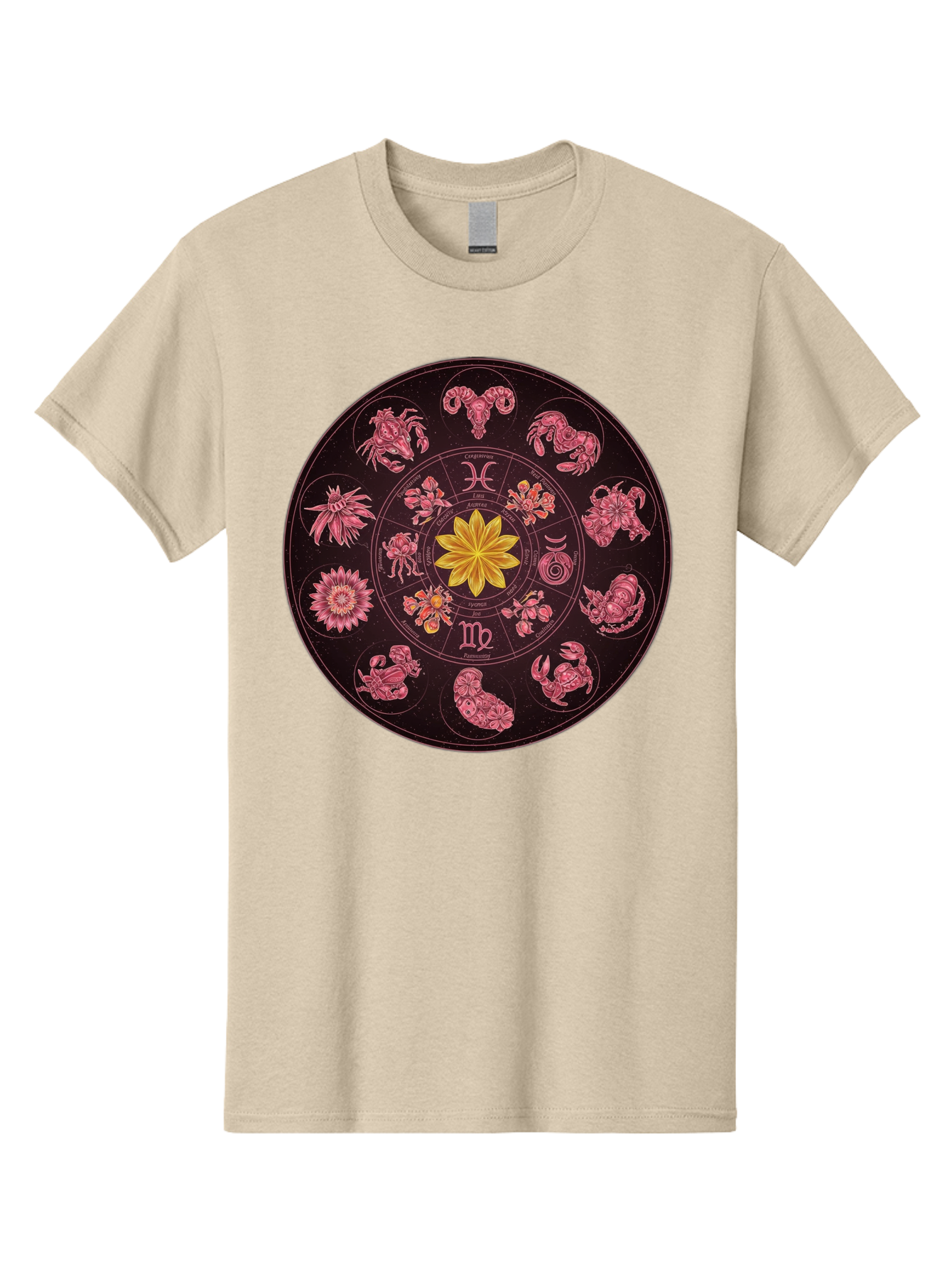 Zodiac-Circle Men'S Graphic Tee, 100% Cotton, Comfortable Casual Summer Wear, Machine Washable, Zodiac Wheel, Astrological Symbols, Floral Centerpiece, Mystical Design, Cancer, Capricorn, Virgo, Pink Illustrations, Yellow Flower, Esoteric Art, Bae337 9