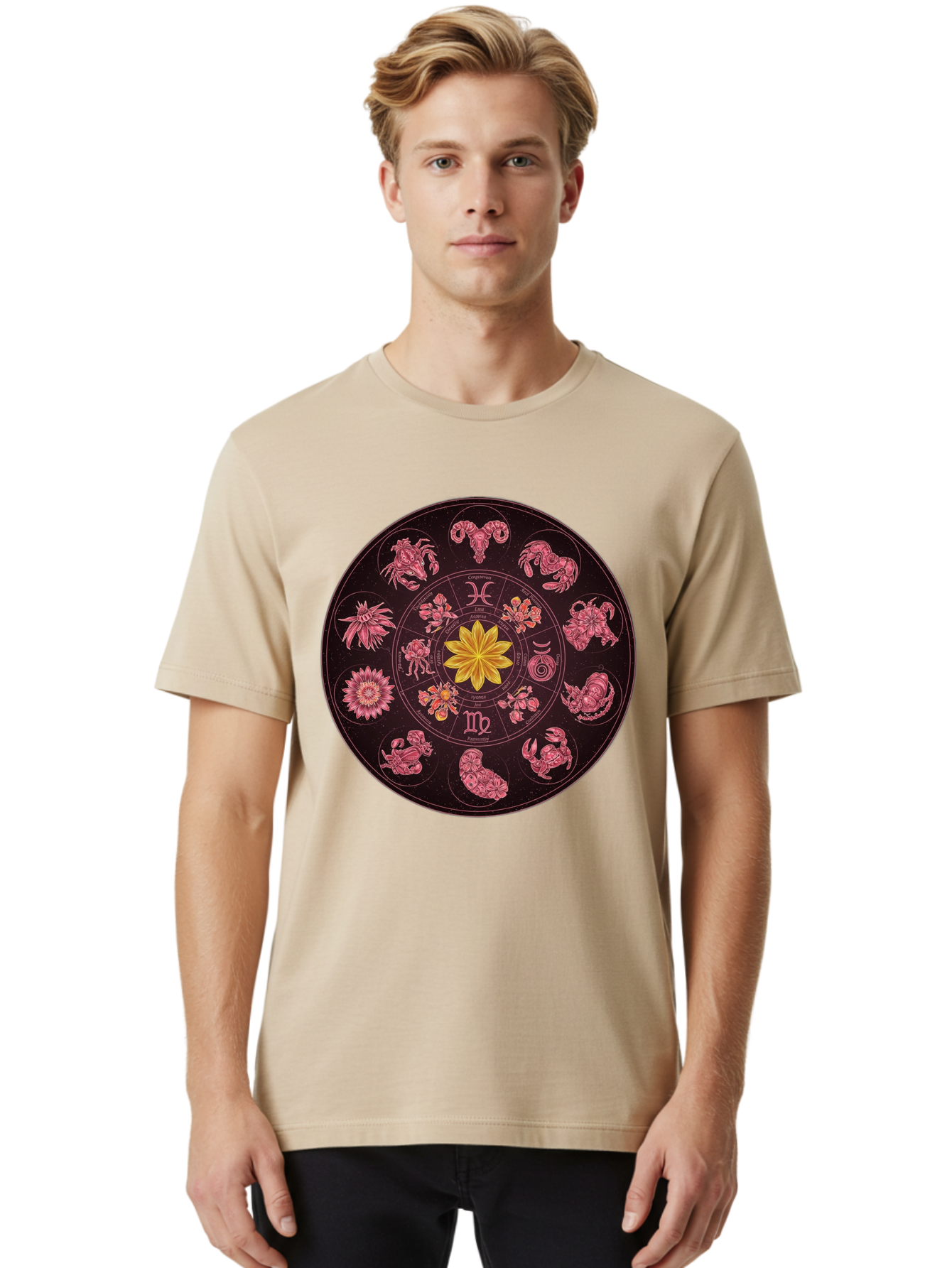 Zodiac-Circle Men'S Graphic Tee, 100% Cotton, Comfortable Casual Summer Wear, Machine Washable, Zodiac Wheel, Astrological Symbols, Floral Centerpiece, Mystical Design, Cancer, Capricorn, Virgo, Pink Illustrations, Yellow Flower, Esoteric Art, Bae337 24