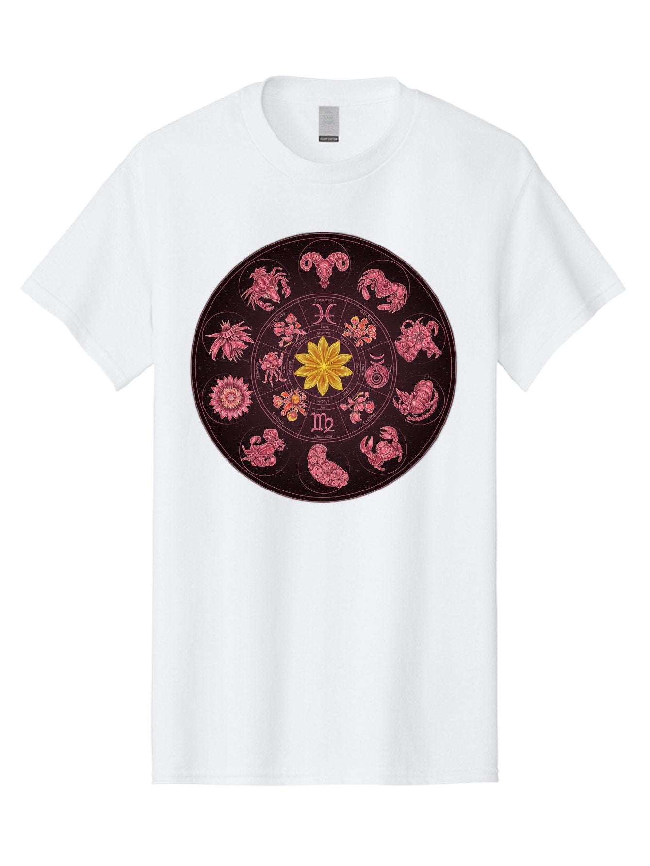 Zodiac-Circle Men'S Graphic Tee, 100% Cotton, Comfortable Casual Summer Wear, Machine Washable, Zodiac Wheel, Astrological Symbols, Floral Centerpiece, Mystical Design, Cancer, Capricorn, Virgo, Pink Illustrations, Yellow Flower, Esoteric Art, Bae337 15