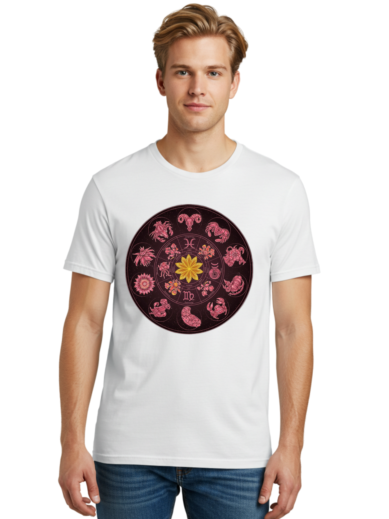 Zodiac-Circle Men'S Graphic Tee, 100% Cotton, Comfortable Casual Summer Wear, Machine Washable, Zodiac Wheel, Astrological Symbols, Floral Centerpiece, Mystical Design, Cancer, Capricorn, Virgo, Pink Illustrations, Yellow Flower, Esoteric Art, Bae337 16