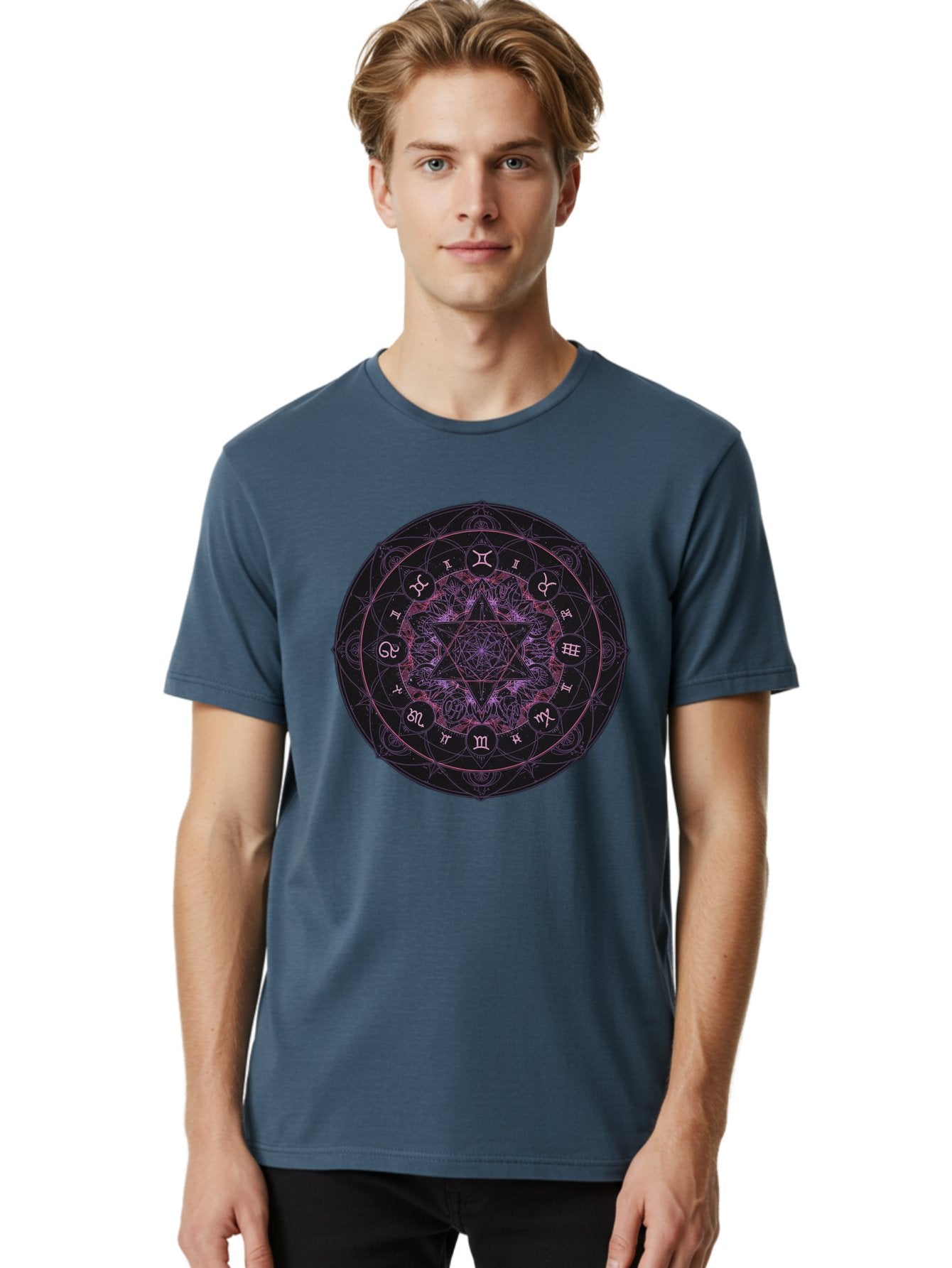 Zodiac-Mandala-1 Men'S Graphic Tee, 100% Cotton, Comfortable Casual Summer Wear, Machine Washable, Kabbalah Symbols, Zodiac Signs, Mystic Mandala, Sacred Geometry, Spiritual Art, Magical Symbols, Esoteric Wheel, Mystical Astrology Bae338 25