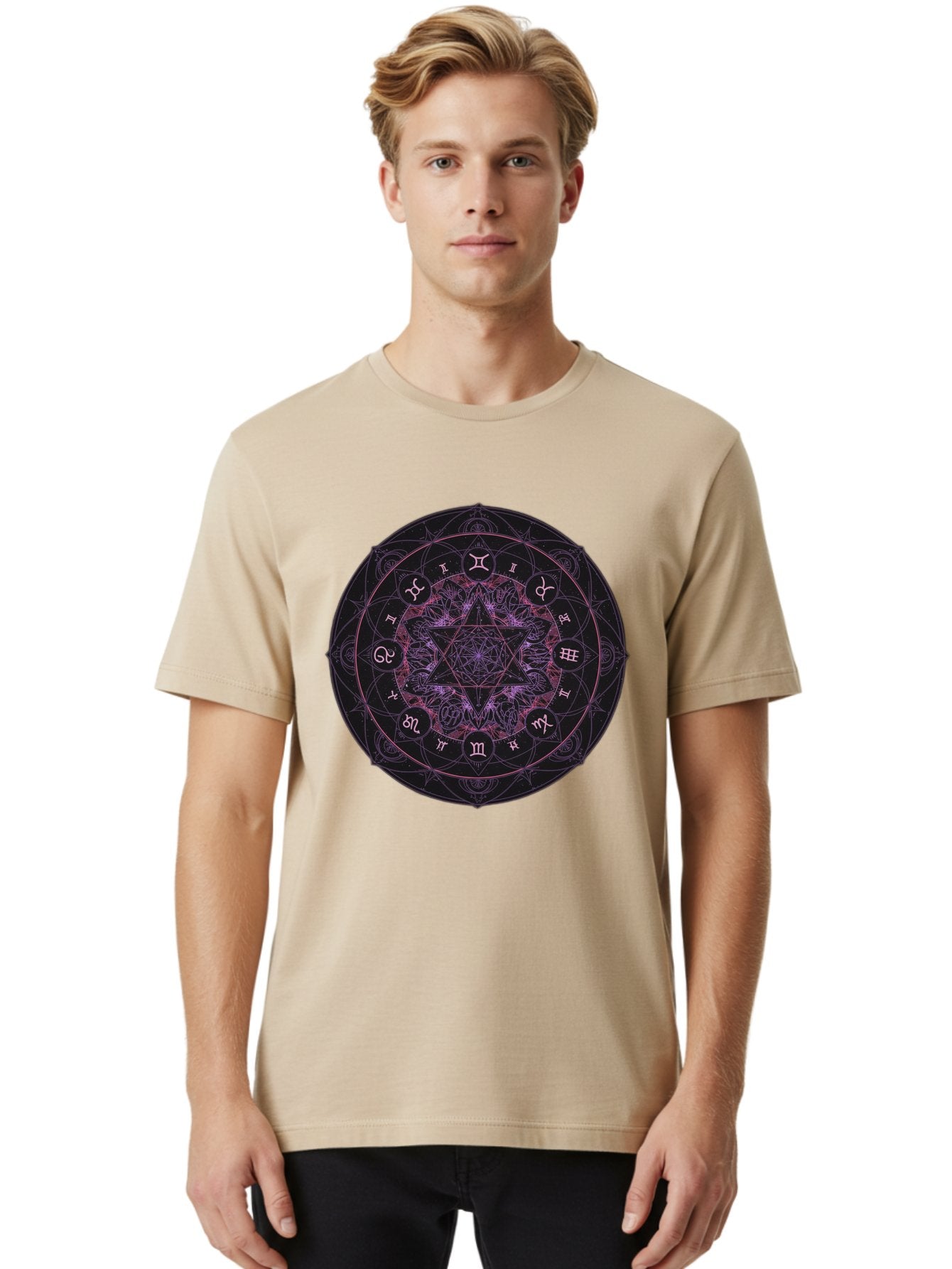 Zodiac-Mandala-1 Men'S Graphic Tee, 100% Cotton, Comfortable Casual Summer Wear, Machine Washable, Kabbalah Symbols, Zodiac Signs, Mystic Mandala, Sacred Geometry, Spiritual Art, Magical Symbols, Esoteric Wheel, Mystical Astrology Bae338 30