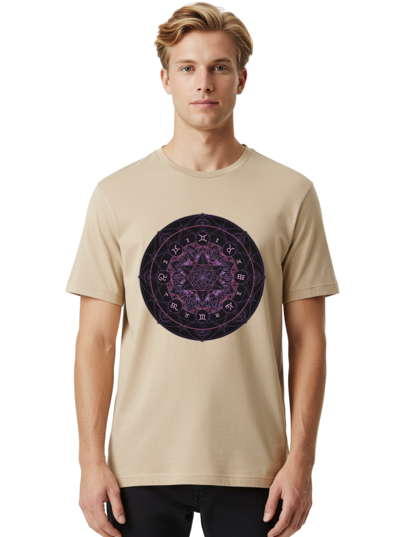 Zodiac-Mandala-1 Men'S Graphic Tee, 100% Cotton, Comfortable Casual Summer Wear, Machine Washable, Kabbalah Symbols, Zodiac Signs, Mystic Mandala, Sacred Geometry, Spiritual Art, Magical Symbols, Esoteric Wheel, Mystical Astrology Bae338 16