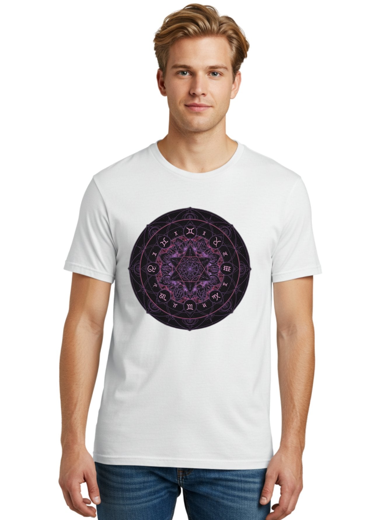 Zodiac-Mandala-1 Men'S Graphic Tee, 100% Cotton, Comfortable Casual Summer Wear, Machine Washable, Kabbalah Symbols, Zodiac Signs, Mystic Mandala, Sacred Geometry, Spiritual Art, Magical Symbols, Esoteric Wheel, Mystical Astrology Bae338 16