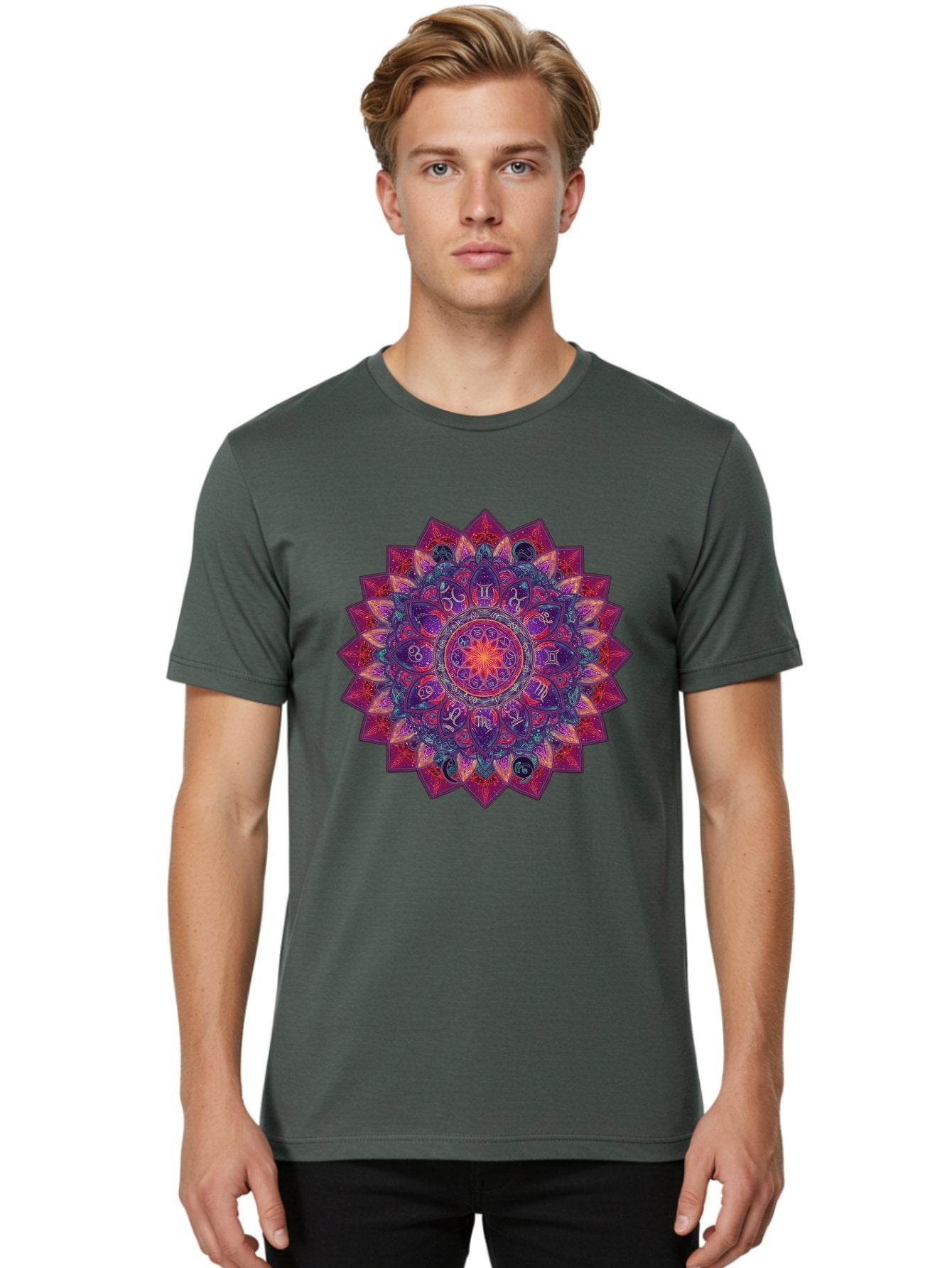 Zodiac-Mandala-2 Men'S Graphic Tee, 100% Cotton, Comfortable Casual Summer Wear, Machine Washable, Zodiac Signs, Astrology Symbols, Mandala Art, Spiritual Design, Mystical Patterns, Colorful Mandala, Intricate Details, Symbolic Representation, Bae339 17