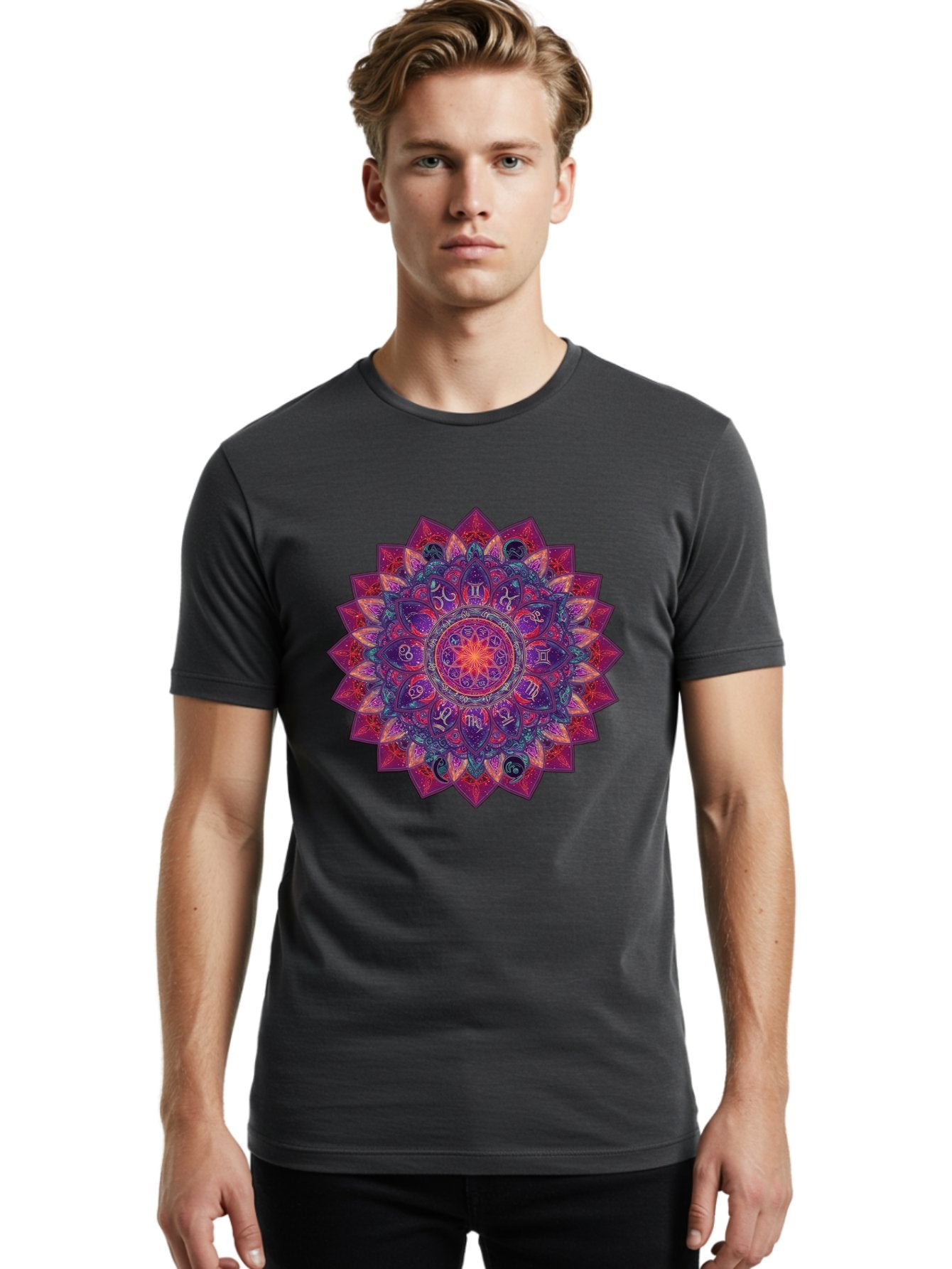Zodiac-Mandala-2 Men'S Graphic Tee, 100% Cotton, Comfortable Casual Summer Wear, Machine Washable, Zodiac Signs, Astrology Symbols, Mandala Art, Spiritual Design, Mystical Patterns, Colorful Mandala, Intricate Details, Symbolic Representation, Bae339 25
