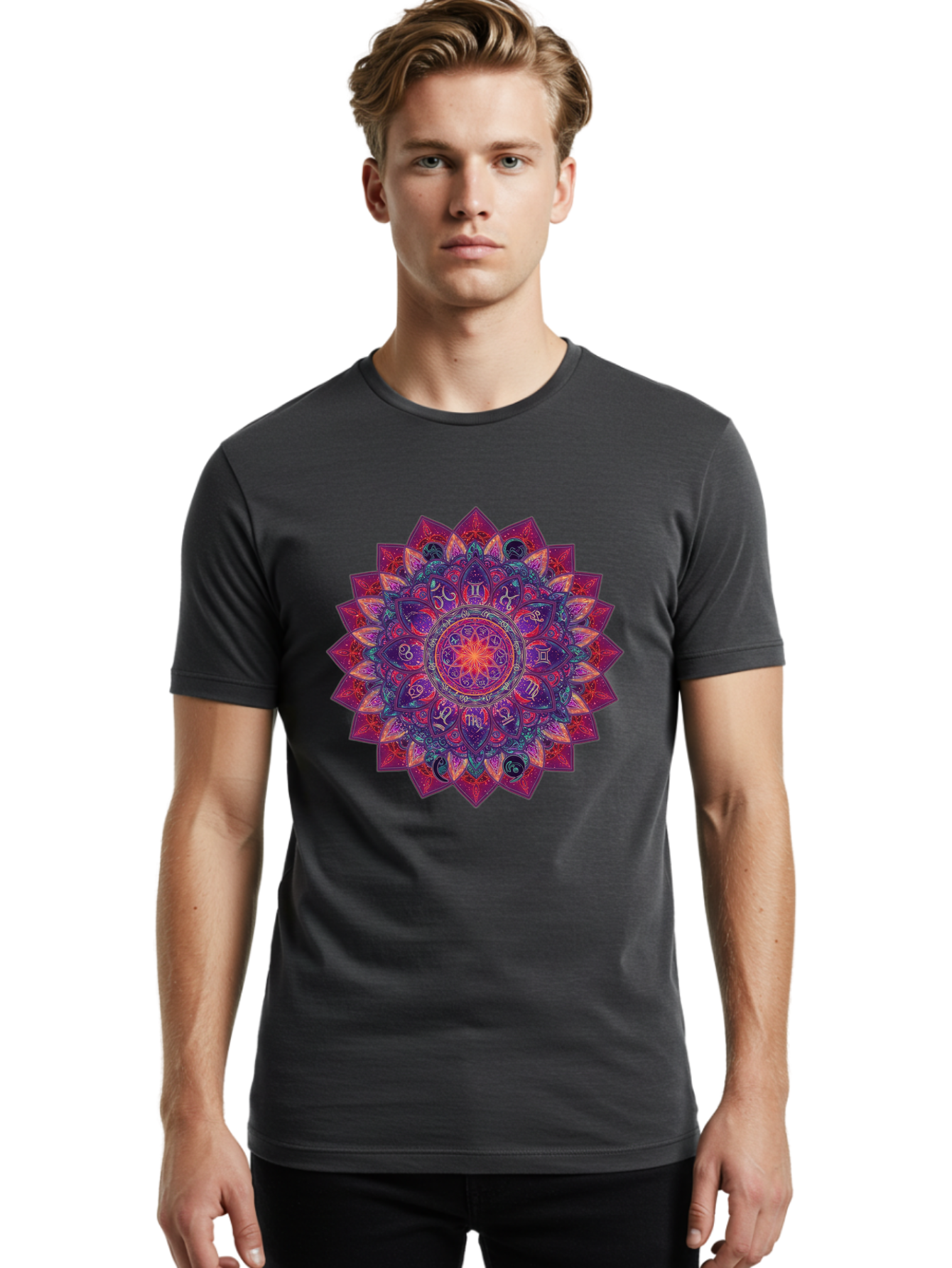 Zodiac-Mandala-2 Men'S Graphic Tee, 100% Cotton, Comfortable Casual Summer Wear, Machine Washable, Zodiac Signs, Astrology Symbols, Mandala Art, Spiritual Design, Mystical Patterns, Colorful Mandala, Intricate Details, Symbolic Representation, Bae339 21