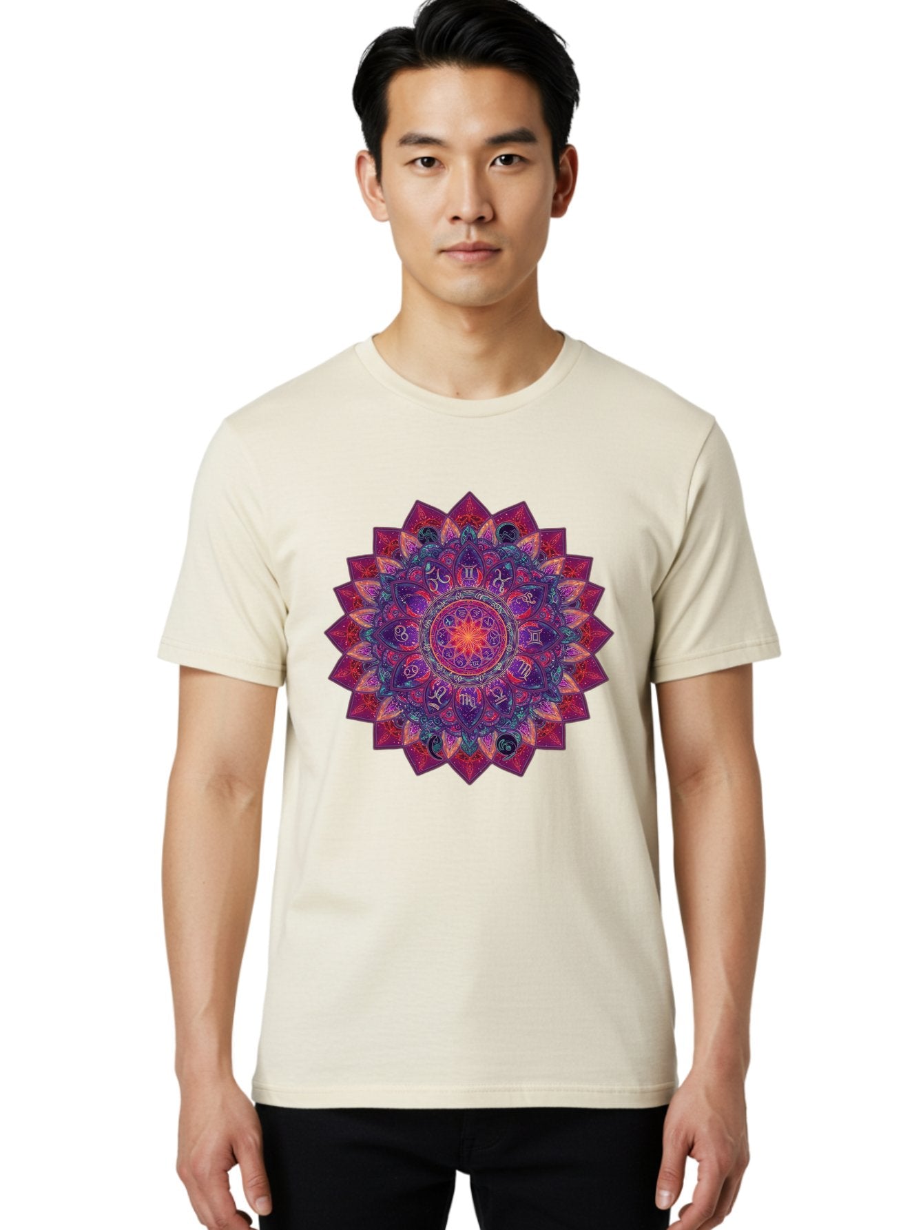 Zodiac-Mandala-2 Men'S Graphic Tee, 100% Cotton, Comfortable Casual Summer Wear, Machine Washable, Zodiac Signs, Astrology Symbols, Mandala Art, Spiritual Design, Mystical Patterns, Colorful Mandala, Intricate Details, Symbolic Representation, Bae339 29
