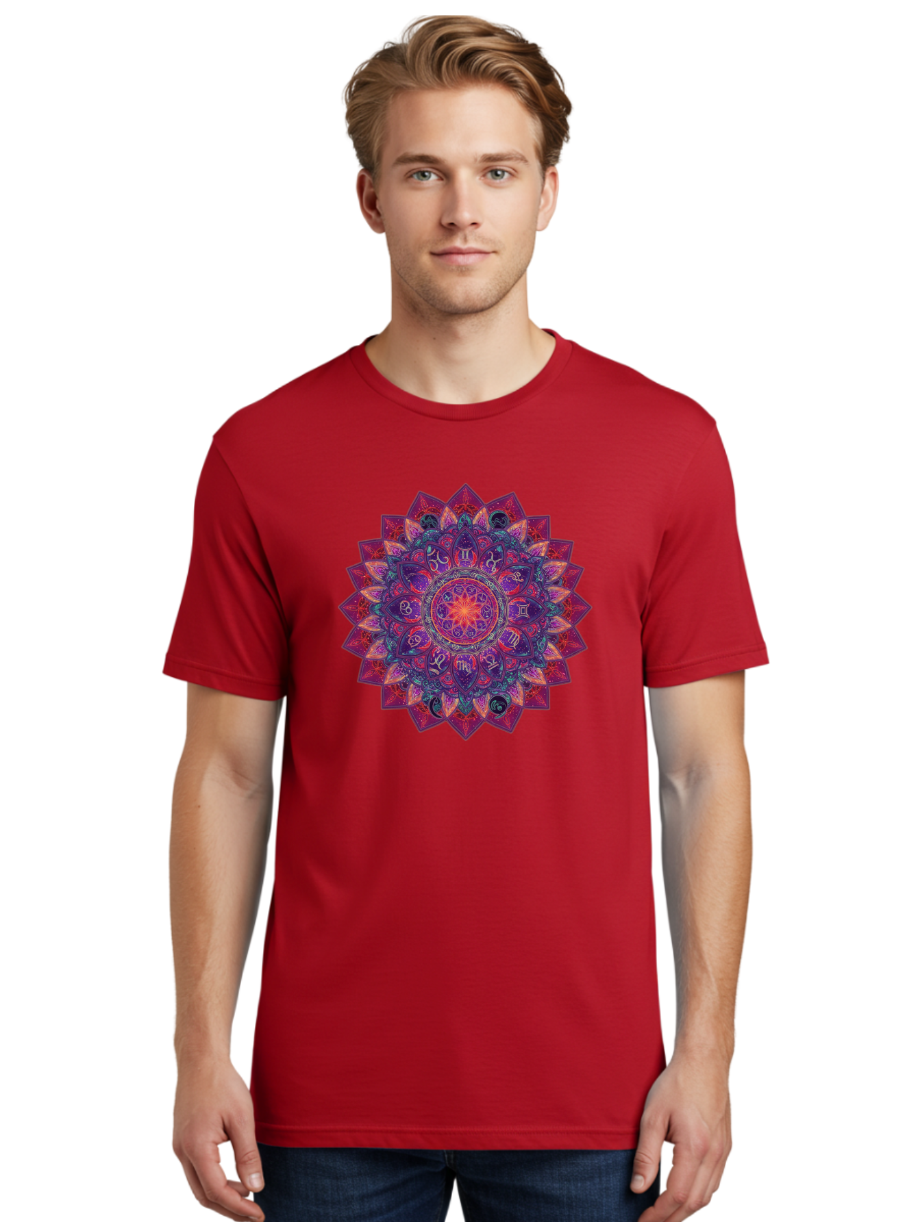 Zodiac-Mandala-2 Men'S Graphic Tee, 100% Cotton, Comfortable Casual Summer Wear, Machine Washable, Zodiac Signs, Astrology Symbols, Mandala Art, Spiritual Design, Mystical Patterns, Colorful Mandala, Intricate Details, Symbolic Representation, Bae339 27
