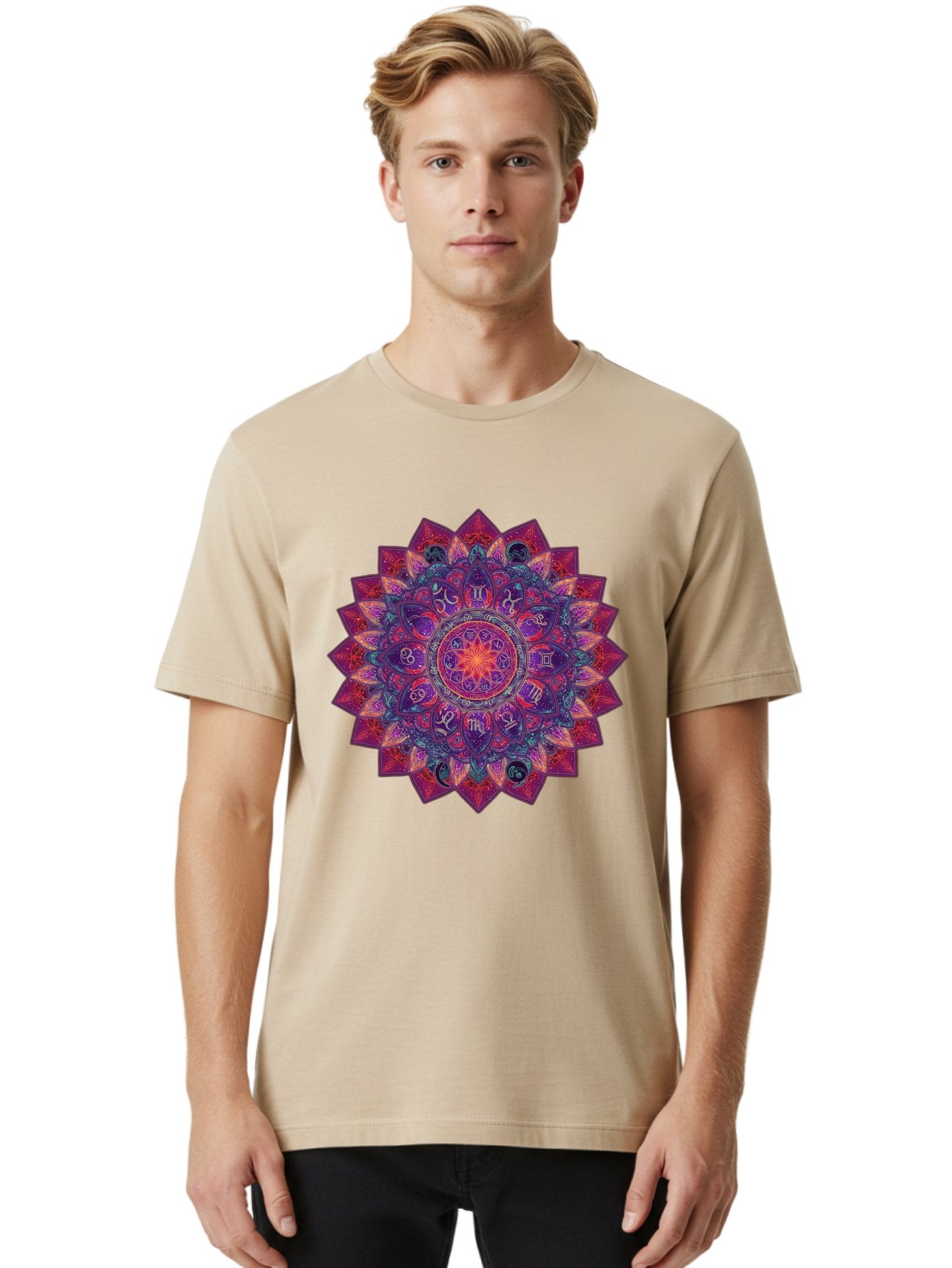 Zodiac-Mandala-2 Men'S Graphic Tee, 100% Cotton, Comfortable Casual Summer Wear, Machine Washable, Zodiac Signs, Astrology Symbols, Mandala Art, Spiritual Design, Mystical Patterns, Colorful Mandala, Intricate Details, Symbolic Representation, Bae339 19
