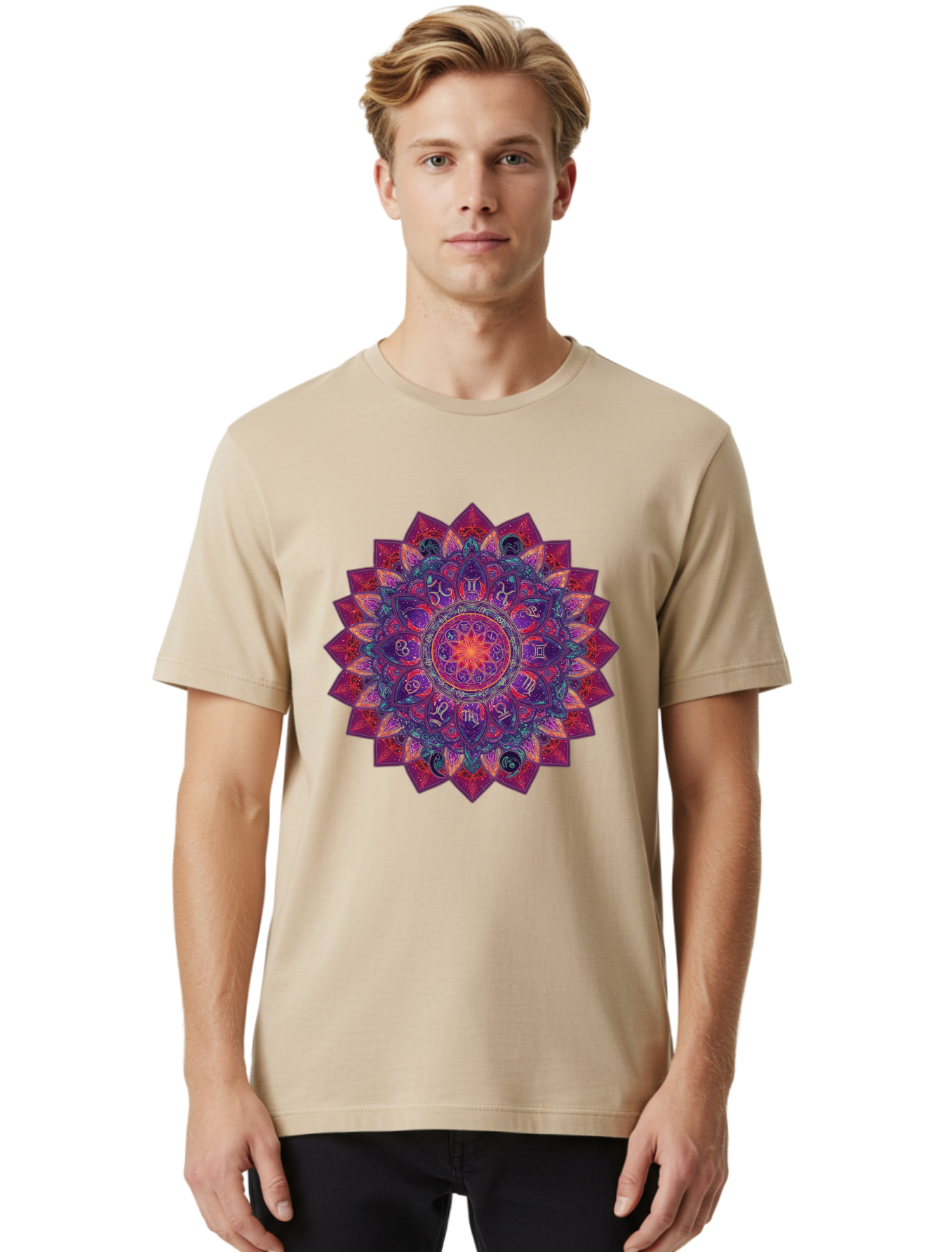 Zodiac-Mandala-2 Men'S Graphic Tee, 100% Cotton, Comfortable Casual Summer Wear, Machine Washable, Zodiac Signs, Astrology Symbols, Mandala Art, Spiritual Design, Mystical Patterns, Colorful Mandala, Intricate Details, Symbolic Representation, Bae339 26