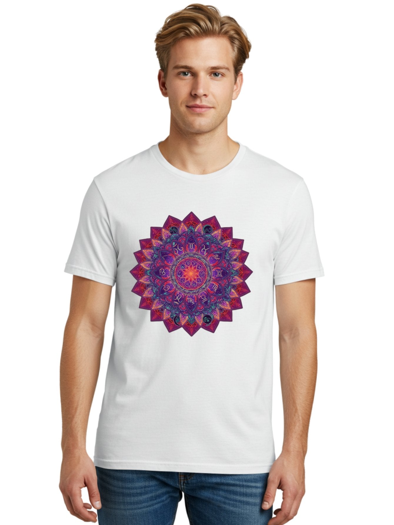 Zodiac-Mandala-2 Men'S Graphic Tee, 100% Cotton, Comfortable Casual Summer Wear, Machine Washable, Zodiac Signs, Astrology Symbols, Mandala Art, Spiritual Design, Mystical Patterns, Colorful Mandala, Intricate Details, Symbolic Representation, Bae339 20