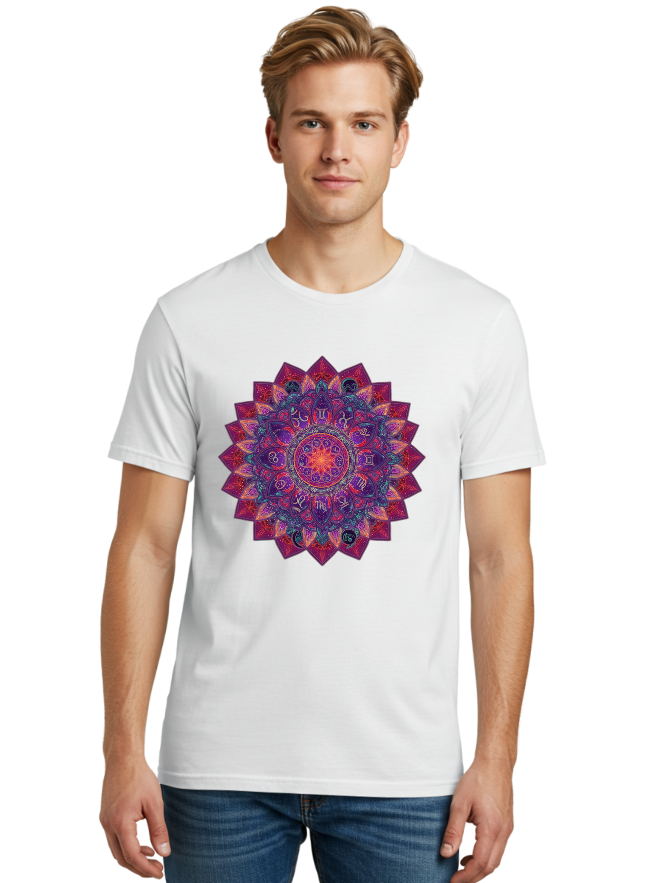 Zodiac-Mandala-2 Men'S Graphic Tee, 100% Cotton, Comfortable Casual Summer Wear, Machine Washable, Zodiac Signs, Astrology Symbols, Mandala Art, Spiritual Design, Mystical Patterns, Colorful Mandala, Intricate Details, Symbolic Representation, Bae339 30