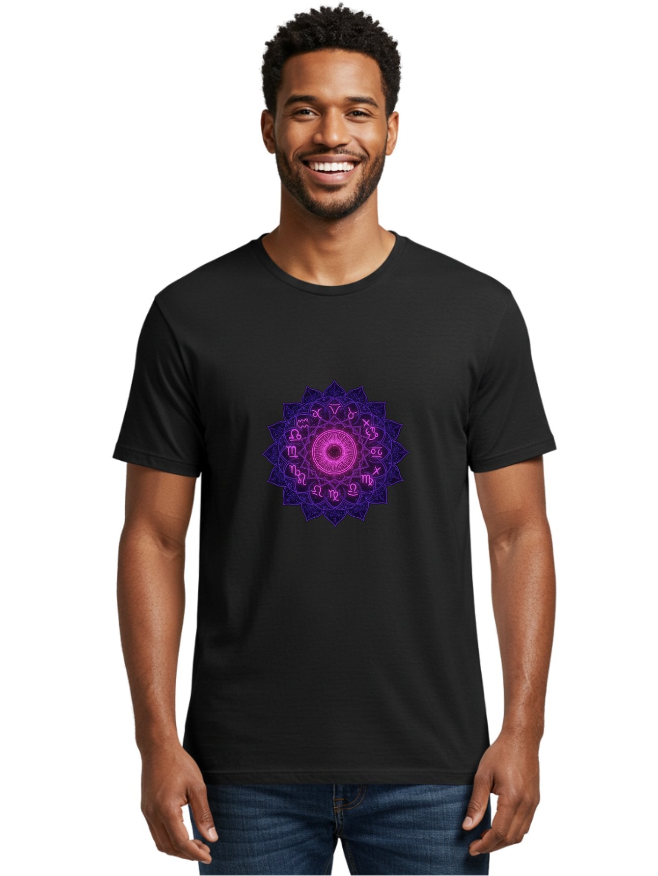 Zodiac-Mandala Men'S Graphic Tee, 100% Cotton, Comfortable Casual Summer Wear, Machine Washable, Zodiac Signs, Astrology Symbols, Mystical Art, Spiritual Design, Mandala Pattern, Purple And Pink Hues, Symbolic Representation, Horoscope Signs Bae340 29