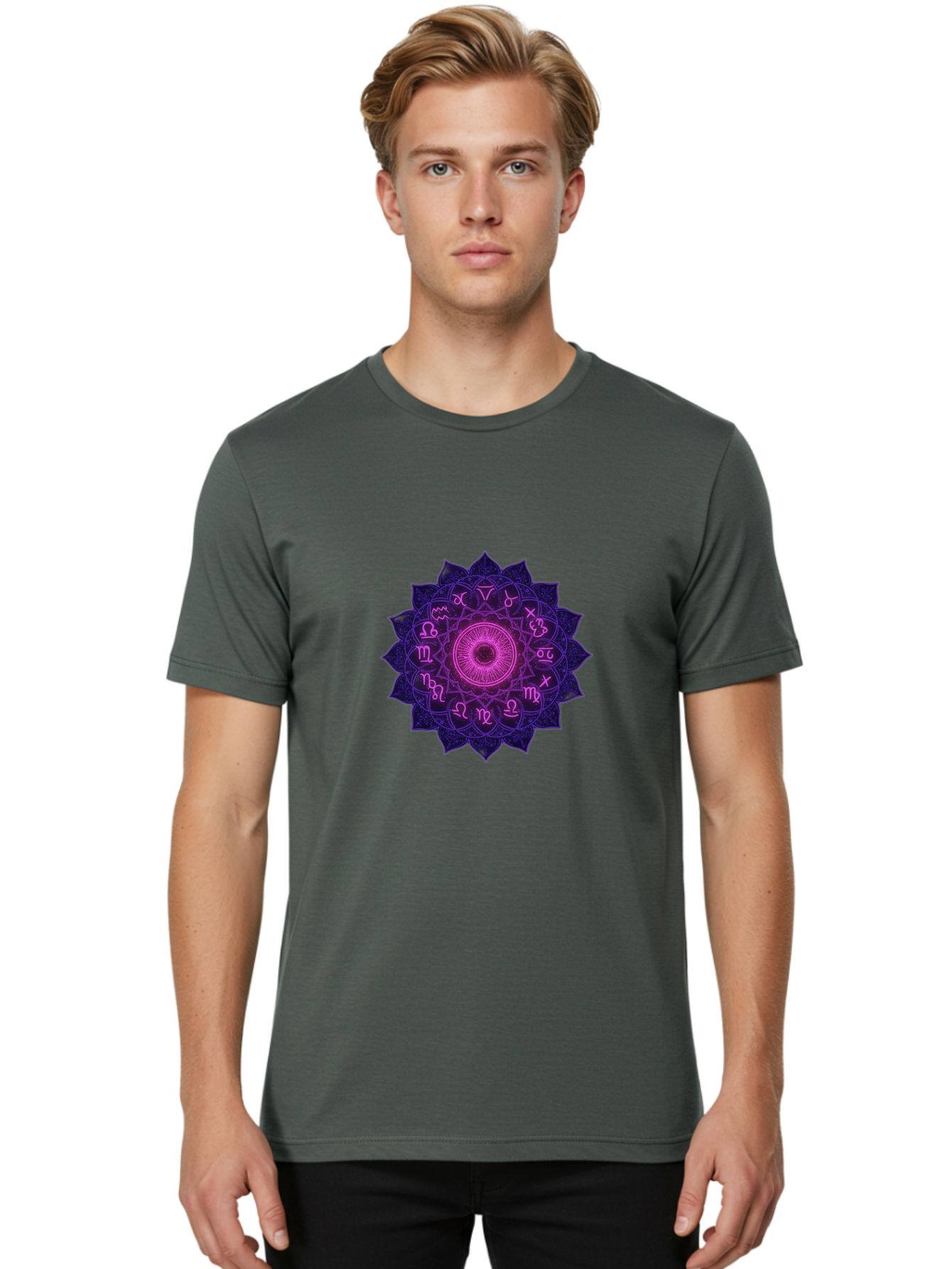 Zodiac-Mandala Men'S Graphic Tee, 100% Cotton, Comfortable Casual Summer Wear, Machine Washable, Zodiac Signs, Astrology Symbols, Mystical Art, Spiritual Design, Mandala Pattern, Purple And Pink Hues, Symbolic Representation, Horoscope Signs Bae340 19