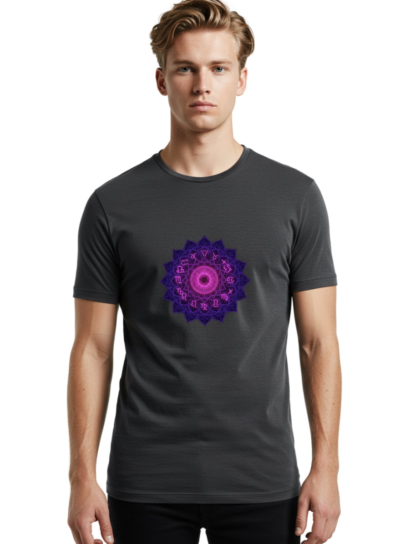 Zodiac-Mandala Men'S Graphic Tee, 100% Cotton, Comfortable Casual Summer Wear, Machine Washable, Zodiac Signs, Astrology Symbols, Mystical Art, Spiritual Design, Mandala Pattern, Purple And Pink Hues, Symbolic Representation, Horoscope Signs Bae340 25