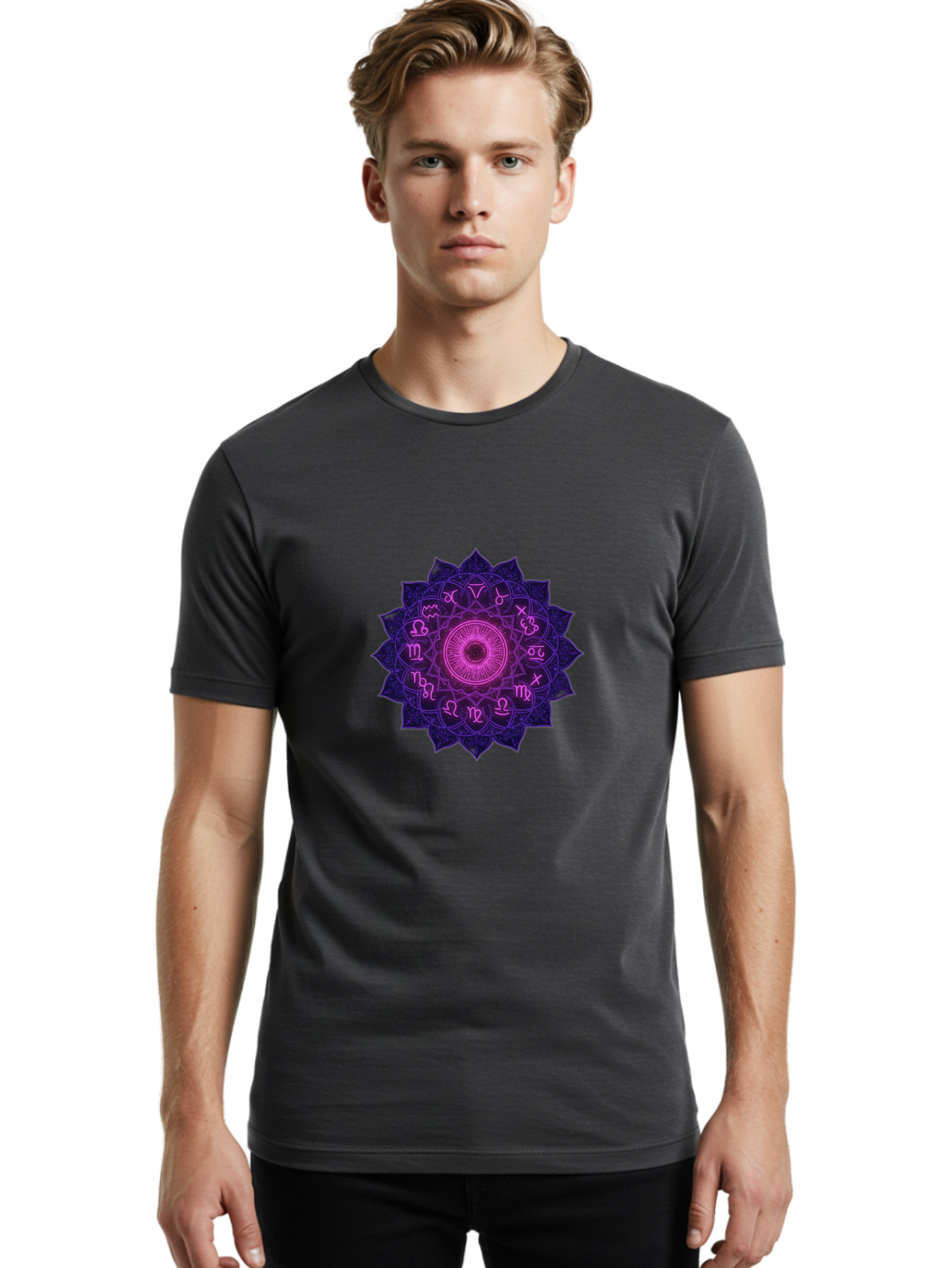 Zodiac-Mandala Men'S Graphic Tee, 100% Cotton, Comfortable Casual Summer Wear, Machine Washable, Zodiac Signs, Astrology Symbols, Mystical Art, Spiritual Design, Mandala Pattern, Purple And Pink Hues, Symbolic Representation, Horoscope Signs Bae340 21