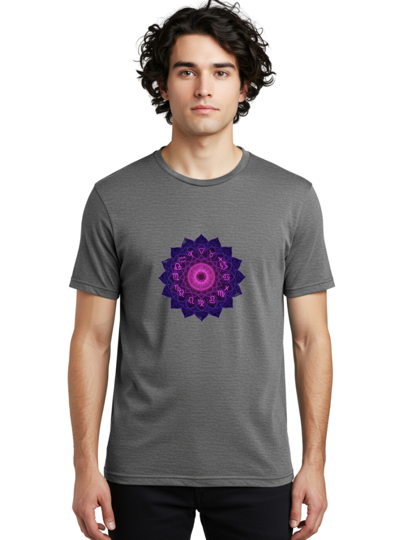 Zodiac-Mandala Men'S Graphic Tee, 100% Cotton, Comfortable Casual Summer Wear, Machine Washable, Zodiac Signs, Astrology Symbols, Mystical Art, Spiritual Design, Mandala Pattern, Purple And Pink Hues, Symbolic Representation, Horoscope Signs Bae340 24