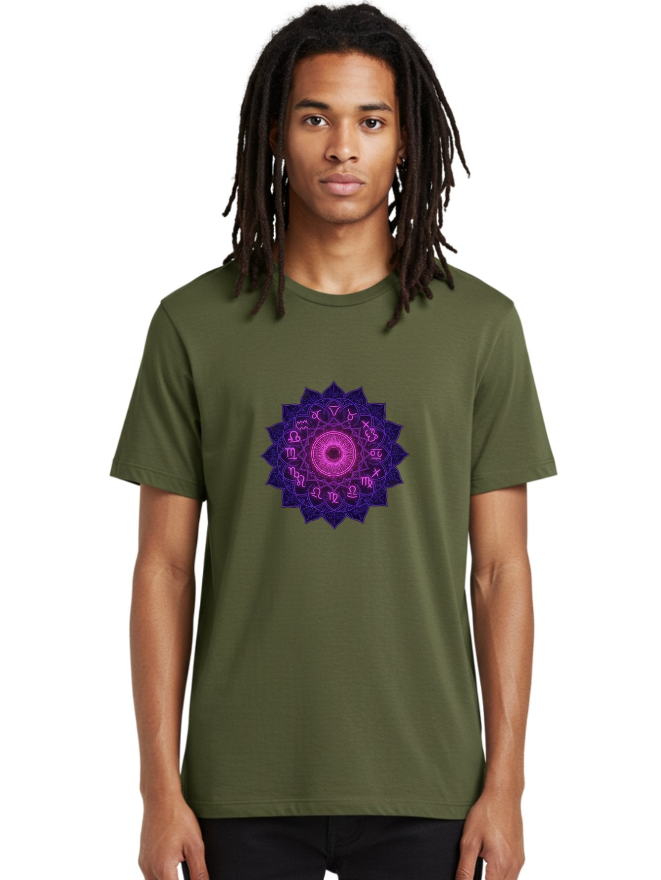 Zodiac-Mandala Men'S Graphic Tee, 100% Cotton, Comfortable Casual Summer Wear, Machine Washable, Zodiac Signs, Astrology Symbols, Mystical Art, Spiritual Design, Mandala Pattern, Purple And Pink Hues, Symbolic Representation, Horoscope Signs Bae340 24