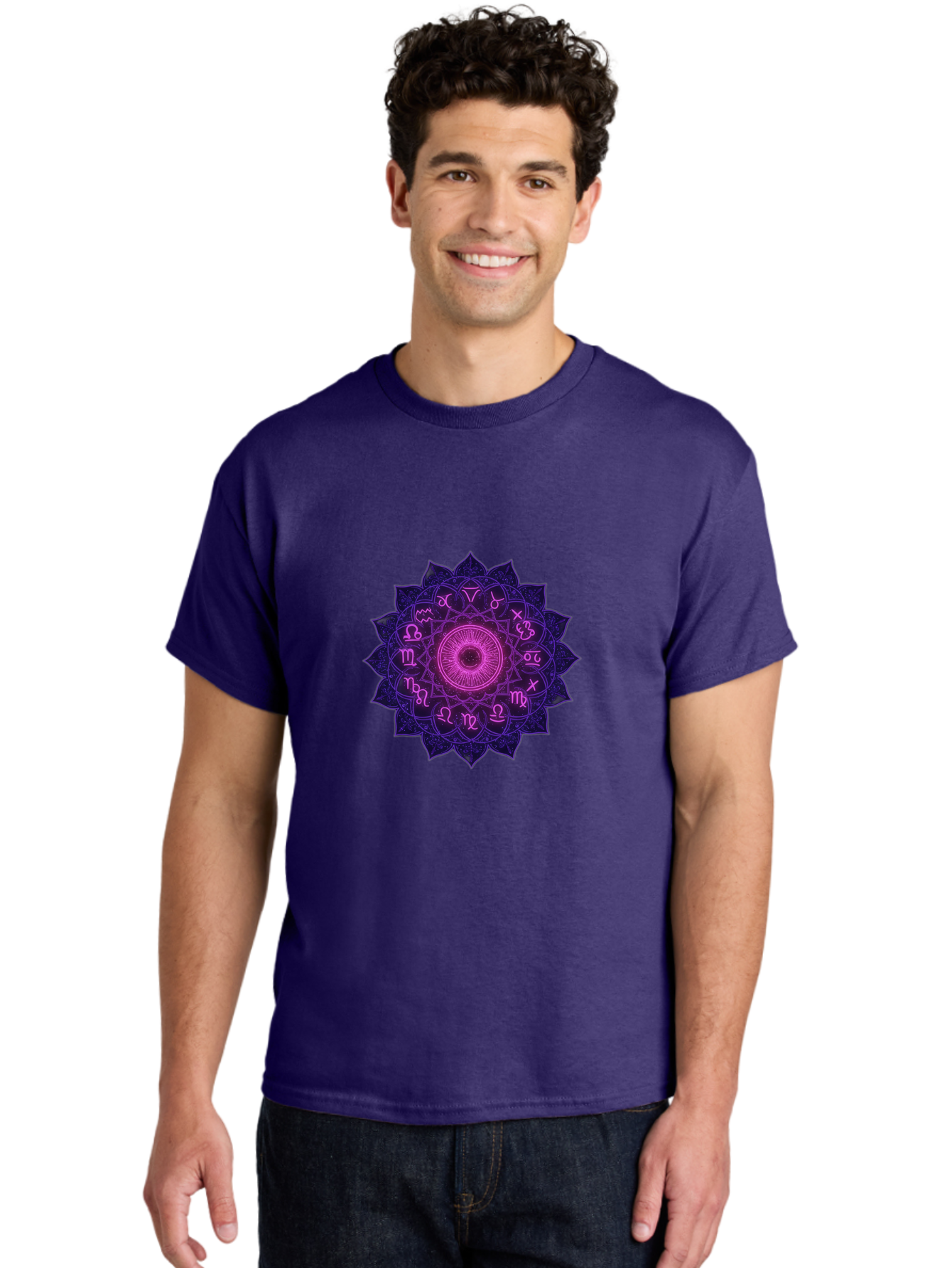 Zodiac-Mandala Men'S Graphic Tee, 100% Cotton, Comfortable Casual Summer Wear, Machine Washable, Zodiac Signs, Astrology Symbols, Mystical Art, Spiritual Design, Mandala Pattern, Purple And Pink Hues, Symbolic Representation, Horoscope Signs Bae340 18