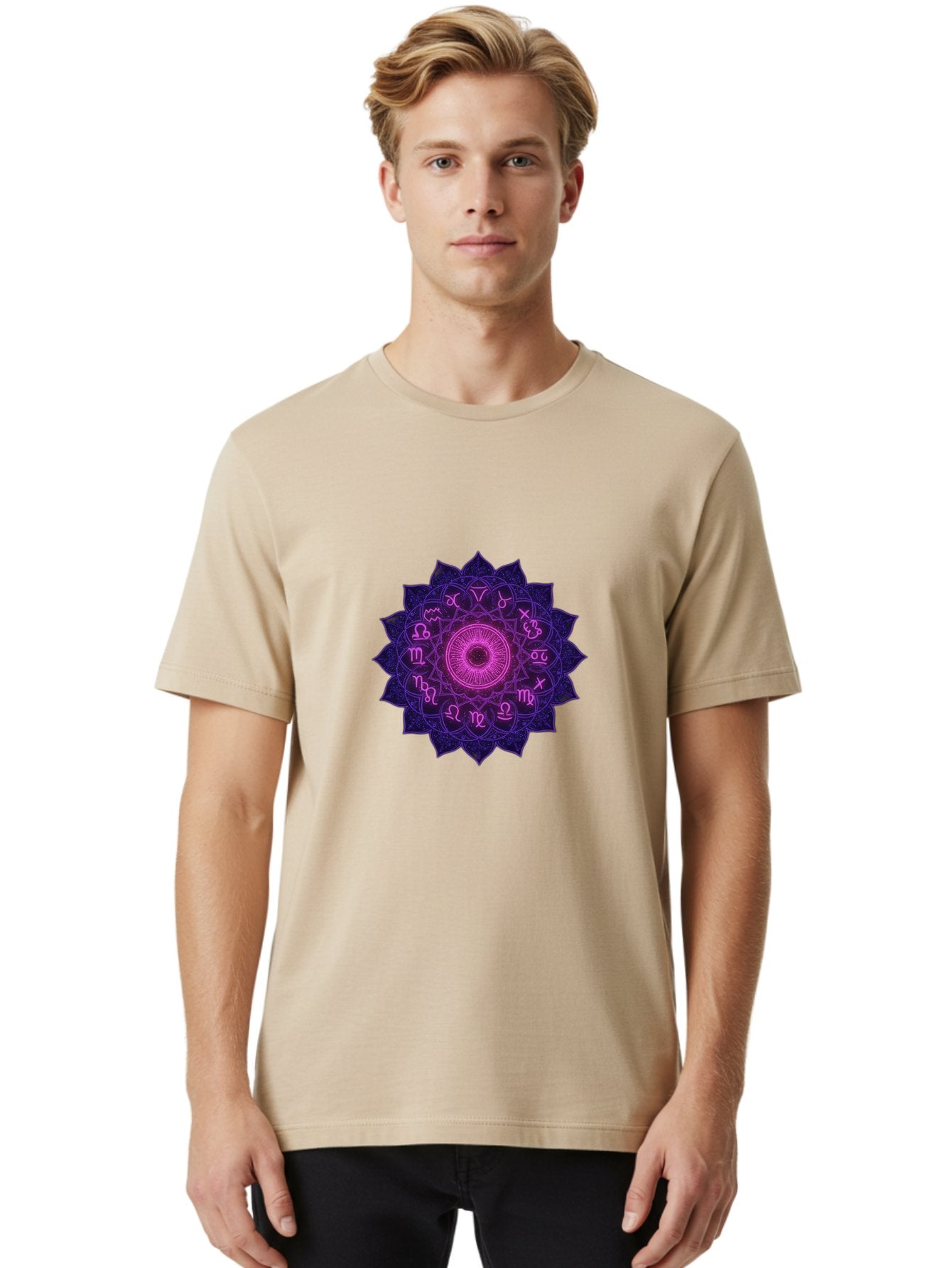 Zodiac-Mandala Men'S Graphic Tee, 100% Cotton, Comfortable Casual Summer Wear, Machine Washable, Zodiac Signs, Astrology Symbols, Mystical Art, Spiritual Design, Mandala Pattern, Purple And Pink Hues, Symbolic Representation, Horoscope Signs Bae340 18
