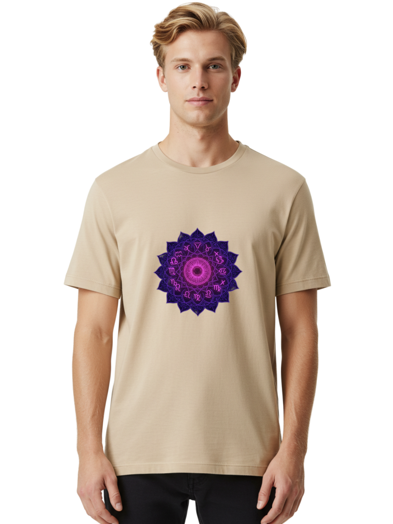 Zodiac-Mandala Men'S Graphic Tee, 100% Cotton, Comfortable Casual Summer Wear, Machine Washable, Zodiac Signs, Astrology Symbols, Mystical Art, Spiritual Design, Mandala Pattern, Purple And Pink Hues, Symbolic Representation, Horoscope Signs Bae340 27