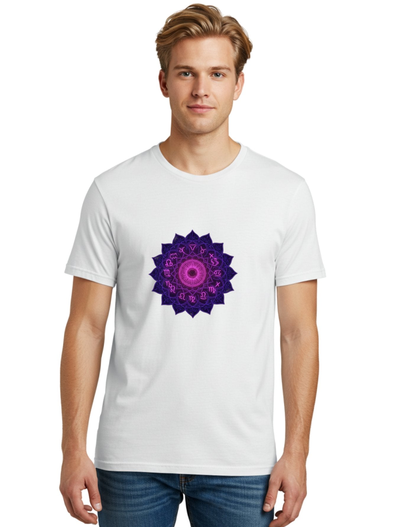 Zodiac-Mandala Men'S Graphic Tee, 100% Cotton, Comfortable Casual Summer Wear, Machine Washable, Zodiac Signs, Astrology Symbols, Mystical Art, Spiritual Design, Mandala Pattern, Purple And Pink Hues, Symbolic Representation, Horoscope Signs Bae340 30