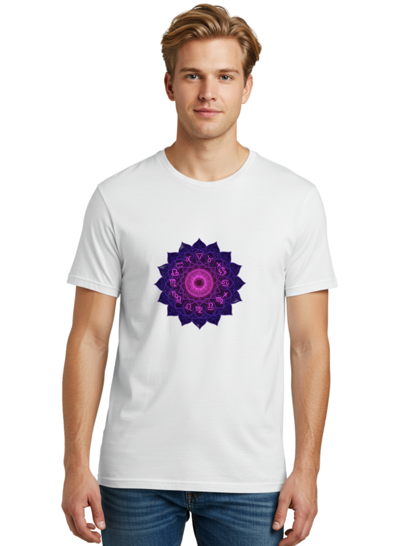 Zodiac-Mandala Men'S Graphic Tee, 100% Cotton, Comfortable Casual Summer Wear, Machine Washable, Zodiac Signs, Astrology Symbols, Mystical Art, Spiritual Design, Mandala Pattern, Purple And Pink Hues, Symbolic Representation, Horoscope Signs Bae340 16