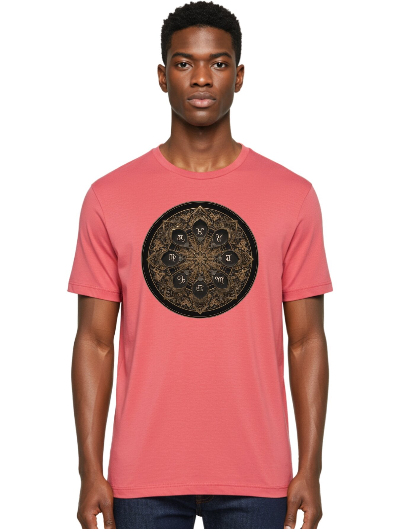 Zodiac-Signs-Mandala Men'S Graphic Tee, 100% Cotton, Comfortable Casual Summer Wear, Machine Washable, Zodiac Signs, Astrology Symbols, Mandala Art, Mystical Design, Spiritual Themes, Esoteric Patterns, Intricate Details, Bae341 19