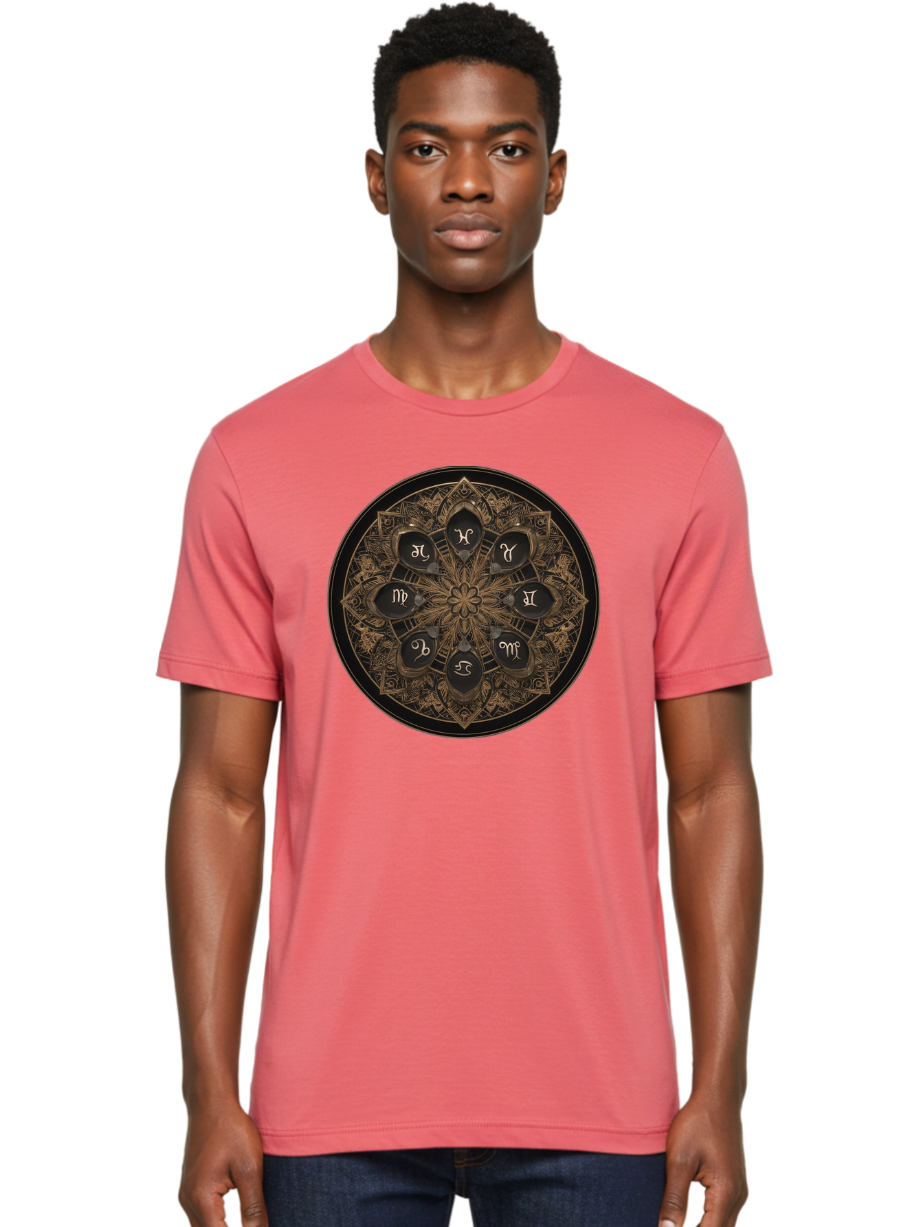 Zodiac-Signs-Mandala Men'S Graphic Tee, 100% Cotton, Comfortable Casual Summer Wear, Machine Washable, Zodiac Signs, Astrology Symbols, Mandala Art, Mystical Design, Spiritual Themes, Esoteric Patterns, Intricate Details, Bae341 26
