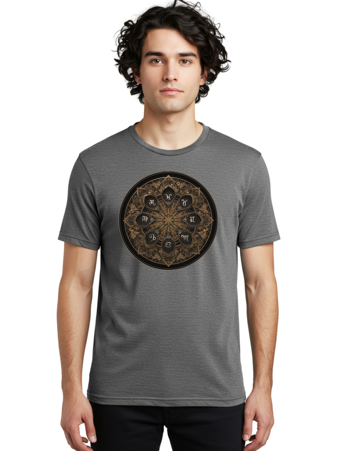 Zodiac-Signs-Mandala Men'S Graphic Tee, 100% Cotton, Comfortable Casual Summer Wear, Machine Washable, Zodiac Signs, Astrology Symbols, Mandala Art, Mystical Design, Spiritual Themes, Esoteric Patterns, Intricate Details, Bae341 17
