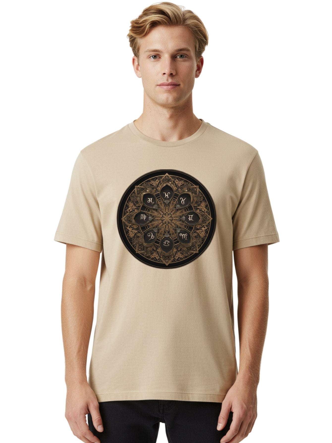 Zodiac-Signs-Mandala Men'S Graphic Tee, 100% Cotton, Comfortable Casual Summer Wear, Machine Washable, Zodiac Signs, Astrology Symbols, Mandala Art, Mystical Design, Spiritual Themes, Esoteric Patterns, Intricate Details, Bae341 18