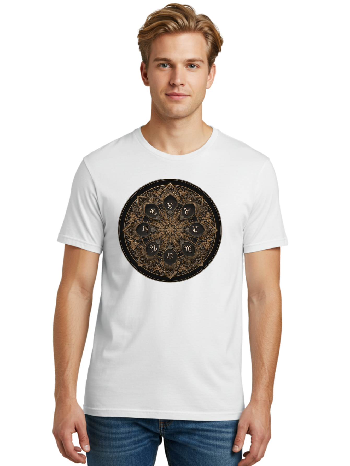 Zodiac-Signs-Mandala Men'S Graphic Tee, 100% Cotton, Comfortable Casual Summer Wear, Machine Washable, Zodiac Signs, Astrology Symbols, Mandala Art, Mystical Design, Spiritual Themes, Esoteric Patterns, Intricate Details, Bae341 21