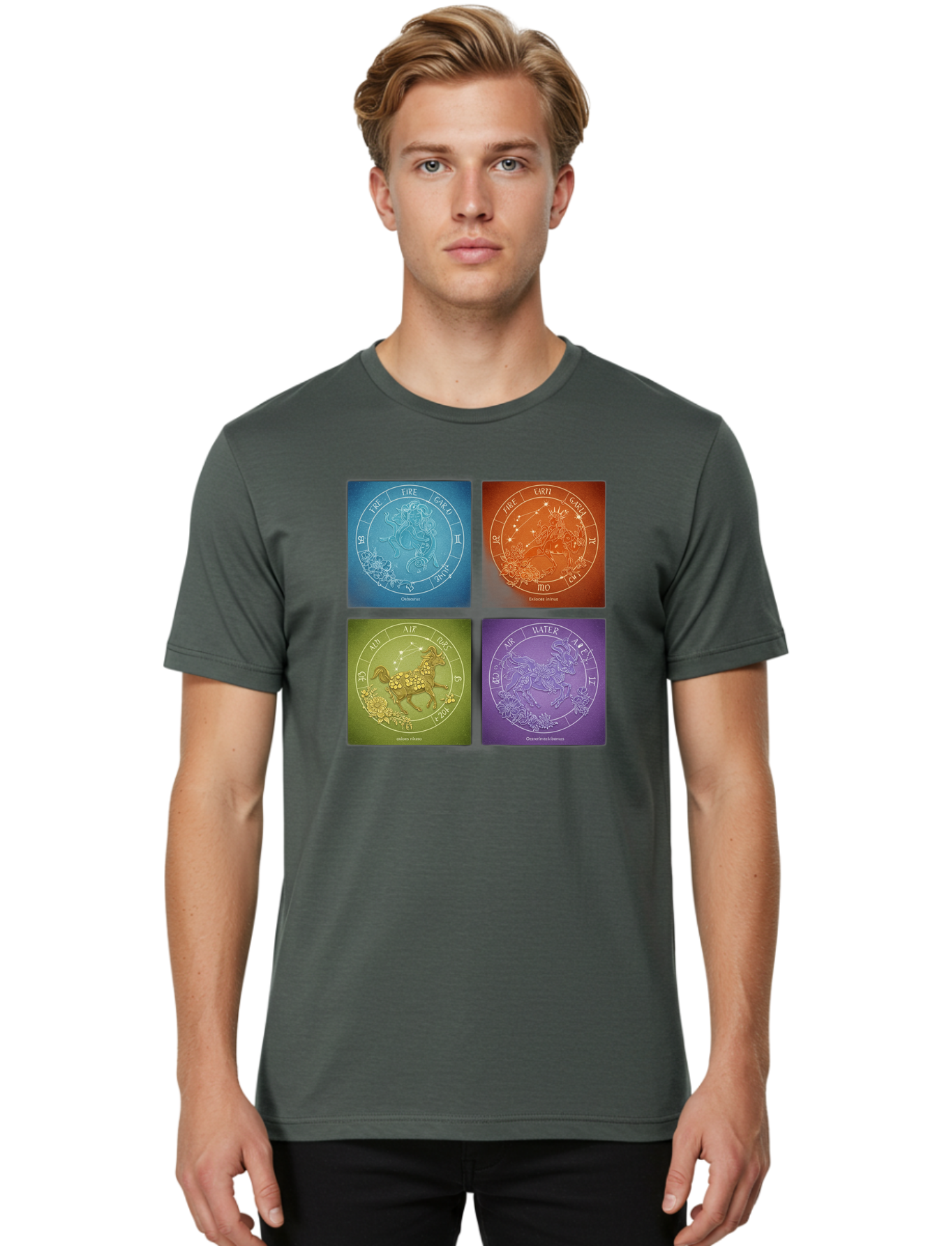 Zodiac-Signs Men'S Graphic Tee, 100% Cotton, Comfortable Casual Summer Wear, Machine Washable, Zodiac Signs, Astrological Elements, Fire, Earth, Air, Water, Horoscope Symbols, Celestial Bodies, Astrology Charts, Mystical Art Bae342 26