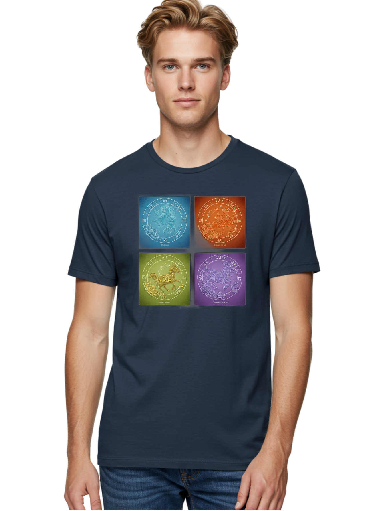 Zodiac-Signs Men'S Graphic Tee, 100% Cotton, Comfortable Casual Summer Wear, Machine Washable, Zodiac Signs, Astrological Elements, Fire, Earth, Air, Water, Horoscope Symbols, Celestial Bodies, Astrology Charts, Mystical Art Bae342 19