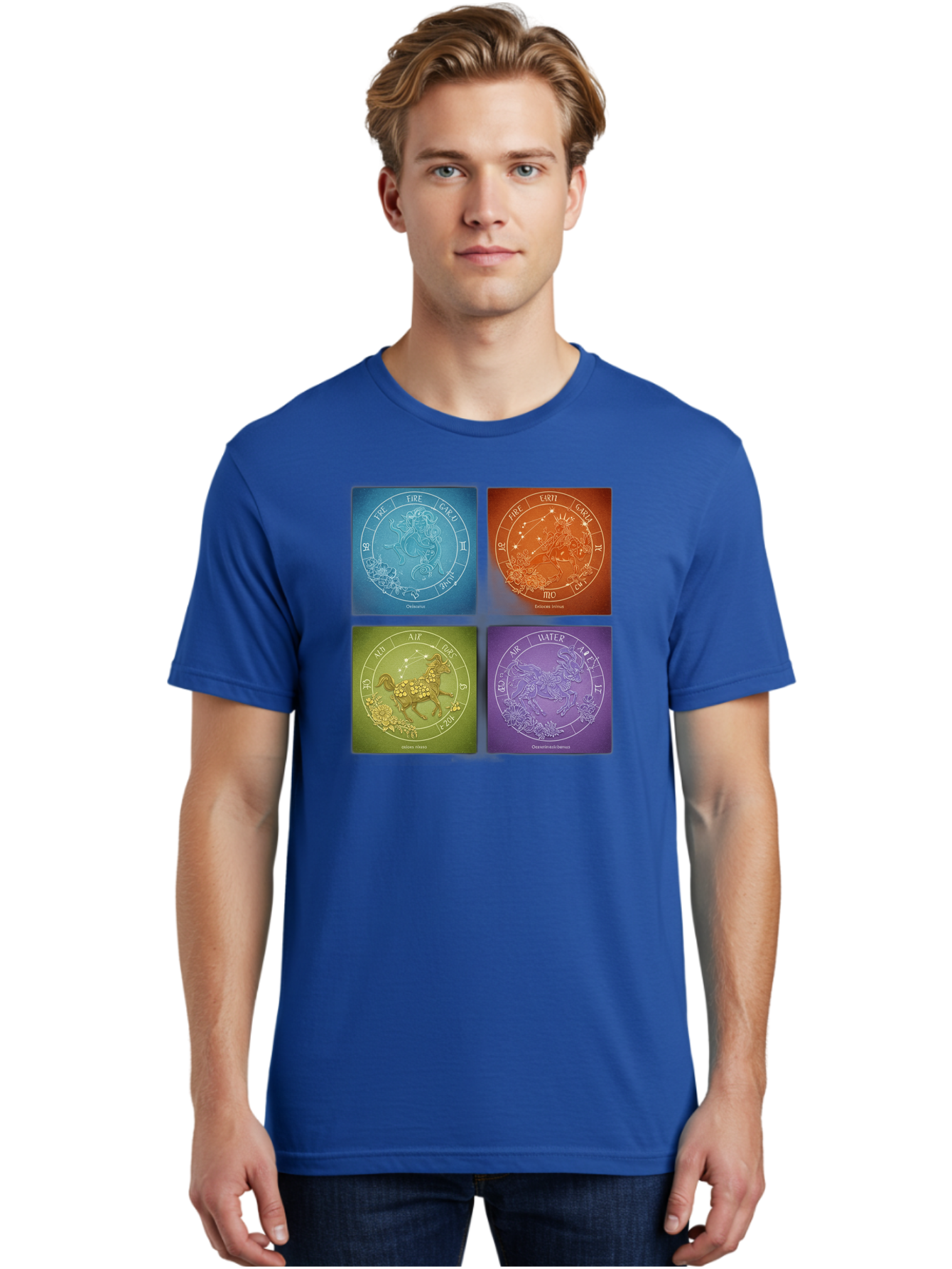 Zodiac-Signs Men'S Graphic Tee, 100% Cotton, Comfortable Casual Summer Wear, Machine Washable, Zodiac Signs, Astrological Elements, Fire, Earth, Air, Water, Horoscope Symbols, Celestial Bodies, Astrology Charts, Mystical Art Bae342 25