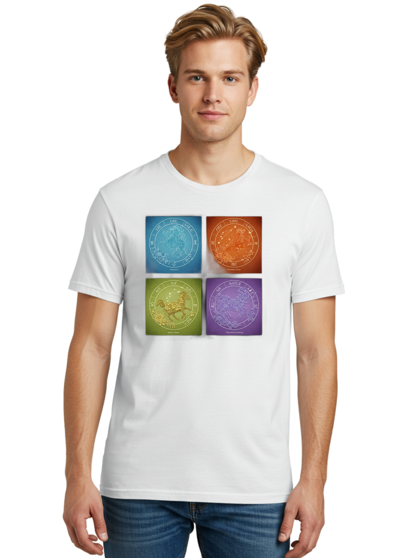 Zodiac-Signs Men'S Graphic Tee, 100% Cotton, Comfortable Casual Summer Wear, Machine Washable, Zodiac Signs, Astrological Elements, Fire, Earth, Air, Water, Horoscope Symbols, Celestial Bodies, Astrology Charts, Mystical Art Bae342 17