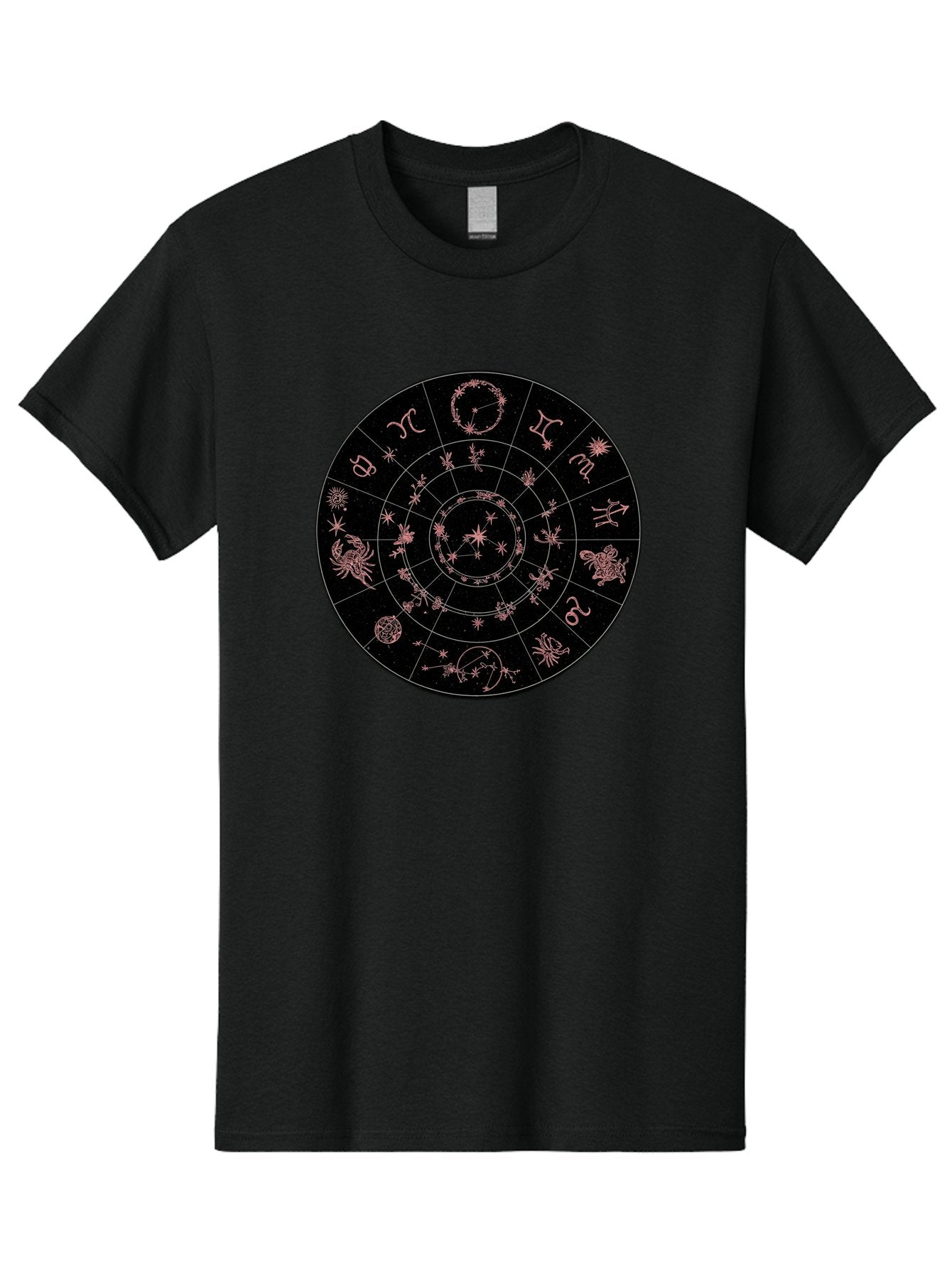 Zodiac-Wheel-1 Men'S Graphic Tee, 100% Cotton, Comfortable Casual Summer Wear, Machine Washable, Zodiac Signs, Astrology Chart, Mystical Symbols, Stars And Constellations, Horoscope Wheel, Spiritual Emblem, Celestial Map, Pink Illustrations Bae343 11
