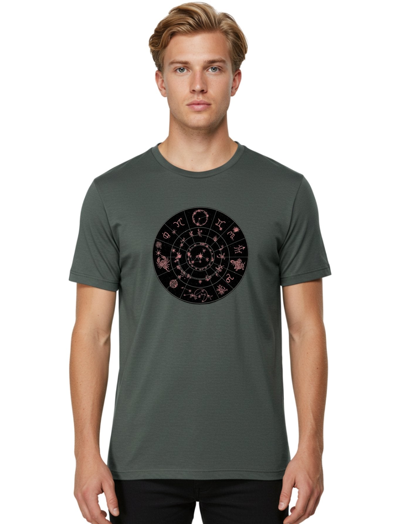Zodiac-Wheel-1 Men'S Graphic Tee, 100% Cotton, Comfortable Casual Summer Wear, Machine Washable, Zodiac Signs, Astrology Chart, Mystical Symbols, Stars And Constellations, Horoscope Wheel, Spiritual Emblem, Celestial Map, Pink Illustrations Bae343 21