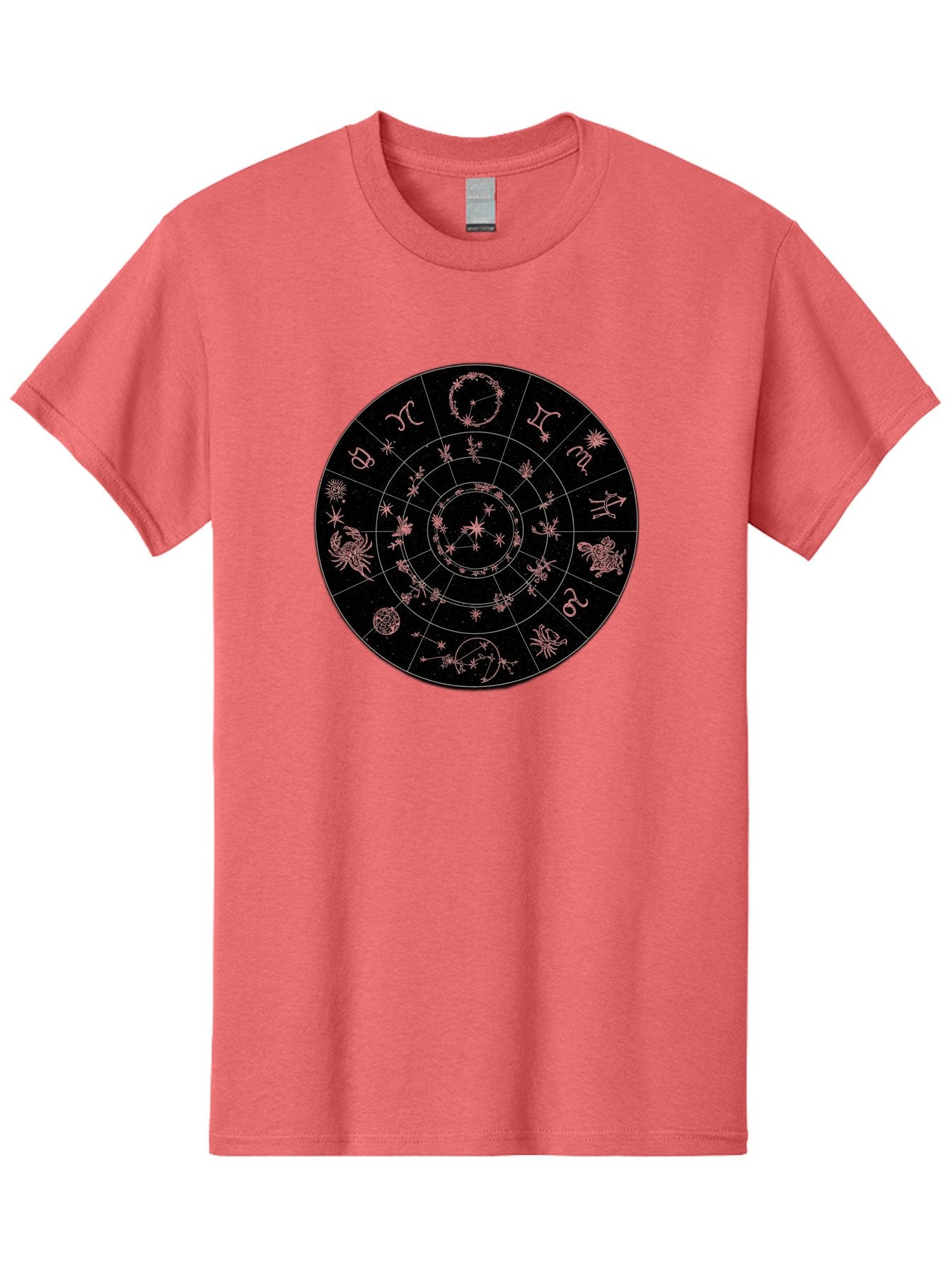 Zodiac-Wheel-1 Men'S Graphic Tee, 100% Cotton, Comfortable Casual Summer Wear, Machine Washable, Zodiac Signs, Astrology Chart, Mystical Symbols, Stars And Constellations, Horoscope Wheel, Spiritual Emblem, Celestial Map, Pink Illustrations Bae343 10