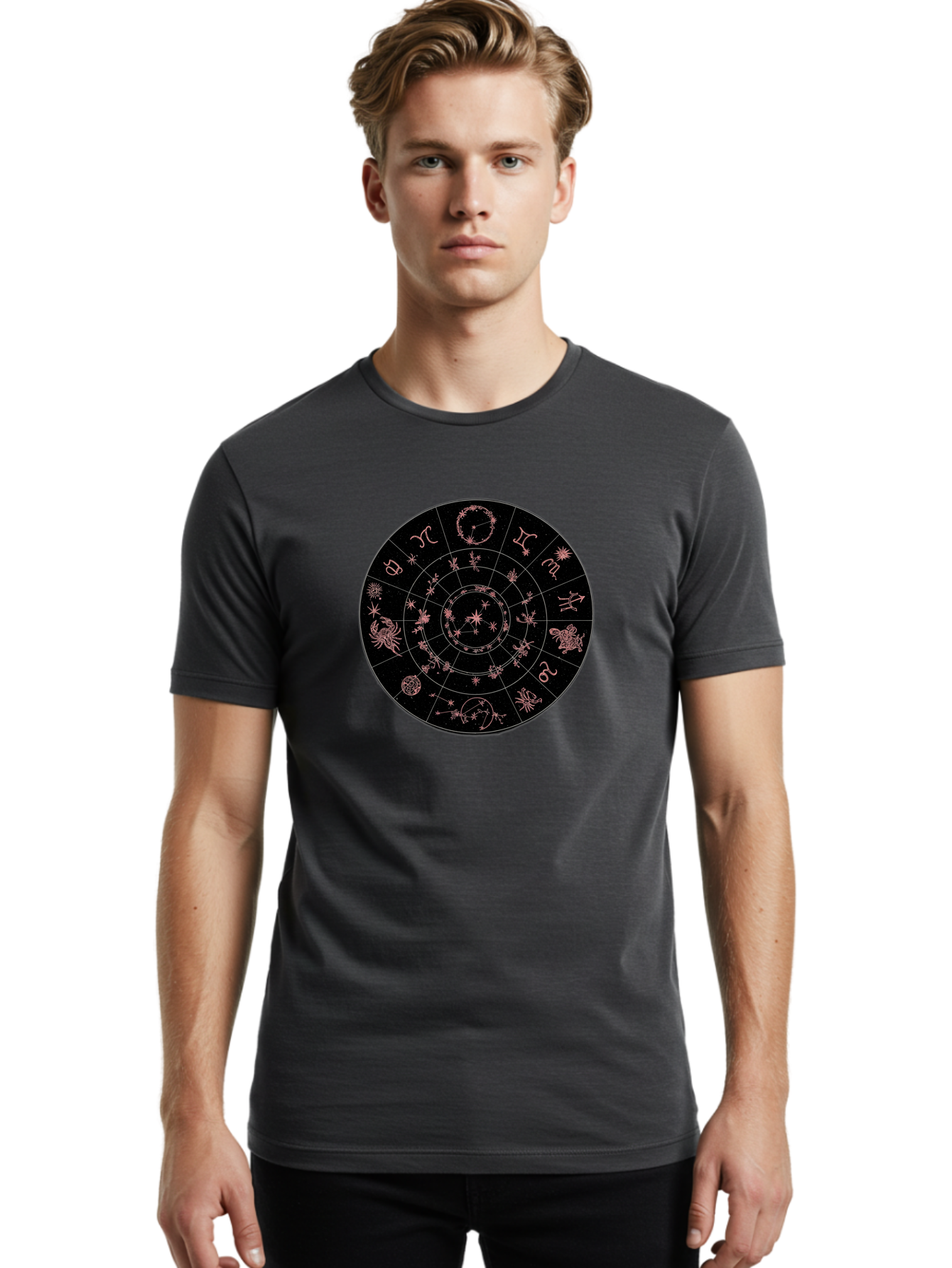 Zodiac-Wheel-1 Men'S Graphic Tee, 100% Cotton, Comfortable Casual Summer Wear, Machine Washable, Zodiac Signs, Astrology Chart, Mystical Symbols, Stars And Constellations, Horoscope Wheel, Spiritual Emblem, Celestial Map, Pink Illustrations Bae343 21
