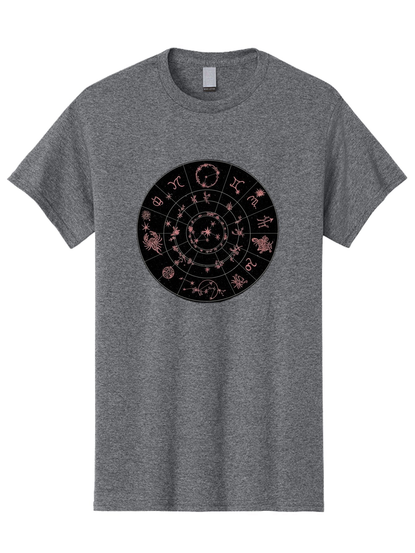 Zodiac-Wheel-1 Men'S Graphic Tee, 100% Cotton, Comfortable Casual Summer Wear, Machine Washable, Zodiac Signs, Astrology Chart, Mystical Symbols, Stars And Constellations, Horoscope Wheel, Spiritual Emblem, Celestial Map, Pink Illustrations Bae343