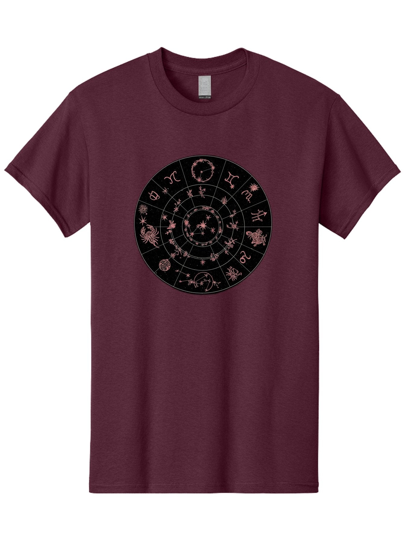 Zodiac-Wheel-1 Men'S Graphic Tee, 100% Cotton, Comfortable Casual Summer Wear, Machine Washable, Zodiac Signs, Astrology Chart, Mystical Symbols, Stars And Constellations, Horoscope Wheel, Spiritual Emblem, Celestial Map, Pink Illustrations Bae343 12