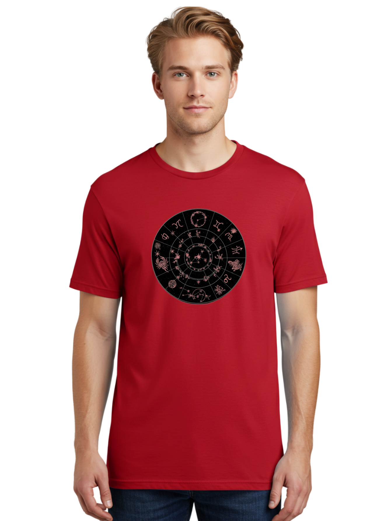 Zodiac-Wheel-1 Men'S Graphic Tee, 100% Cotton, Comfortable Casual Summer Wear, Machine Washable, Zodiac Signs, Astrology Chart, Mystical Symbols, Stars And Constellations, Horoscope Wheel, Spiritual Emblem, Celestial Map, Pink Illustrations Bae343 28