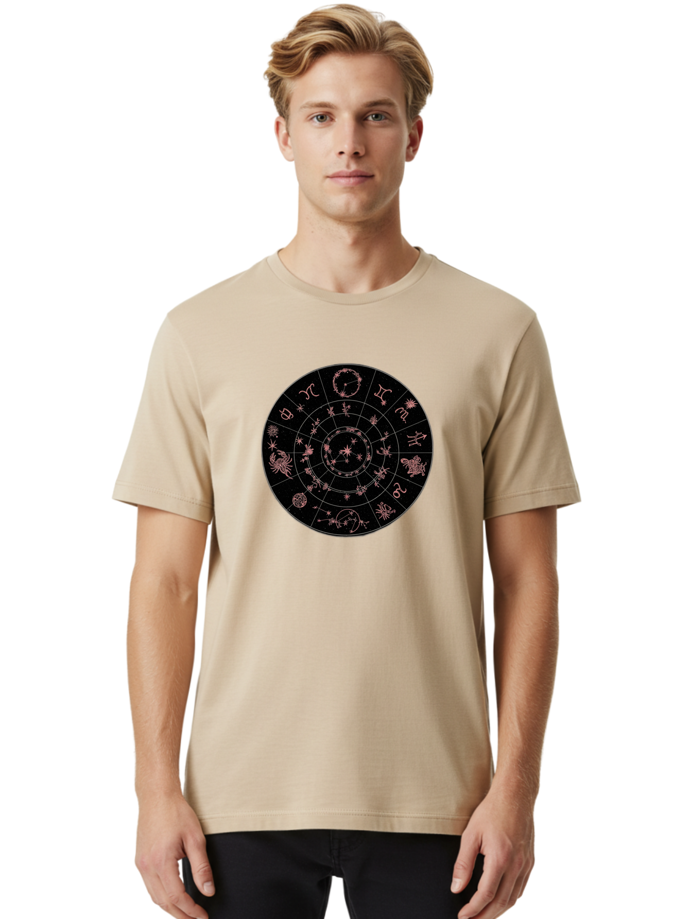 Zodiac-Wheel-1 Men'S Graphic Tee, 100% Cotton, Comfortable Casual Summer Wear, Machine Washable, Zodiac Signs, Astrology Chart, Mystical Symbols, Stars And Constellations, Horoscope Wheel, Spiritual Emblem, Celestial Map, Pink Illustrations Bae343 17