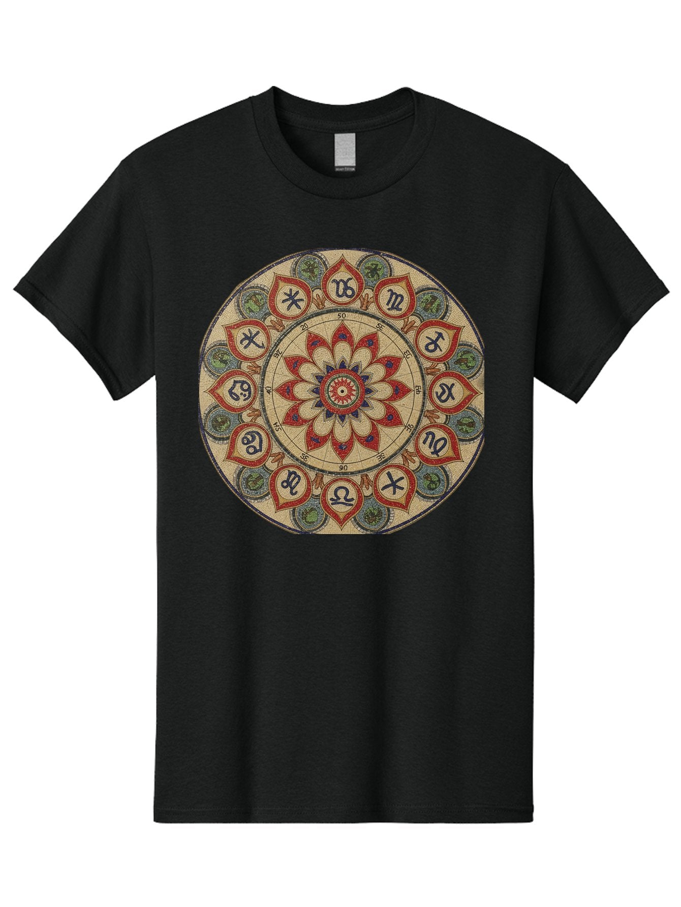 Zodiac-Wheel-Mandala Men'S Graphic Tee, 100% Cotton, Comfortable Casual Summer Wear, Machine Washable, Zodiac Wheel, Astrology, Mandala Art, Esoteric Symbols, Spiritual Design, Mystical Patterns, Red And Blue Petals, Symbolic Representation, Bae344 12